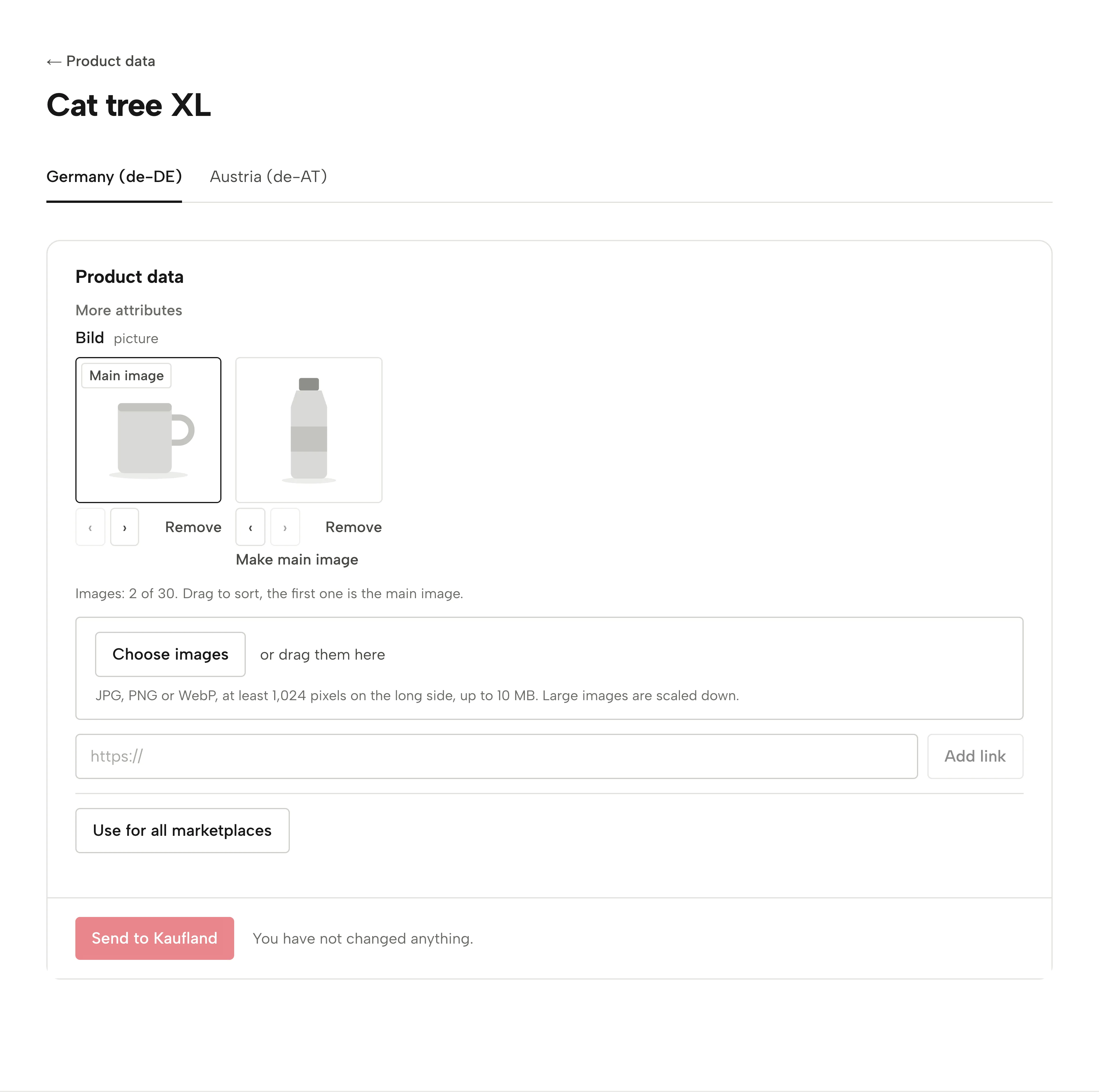 Product data for one product in Sellgrip: a tab per Kaufland storefront, the images with the main image first, and the field to choose, drag or link more.