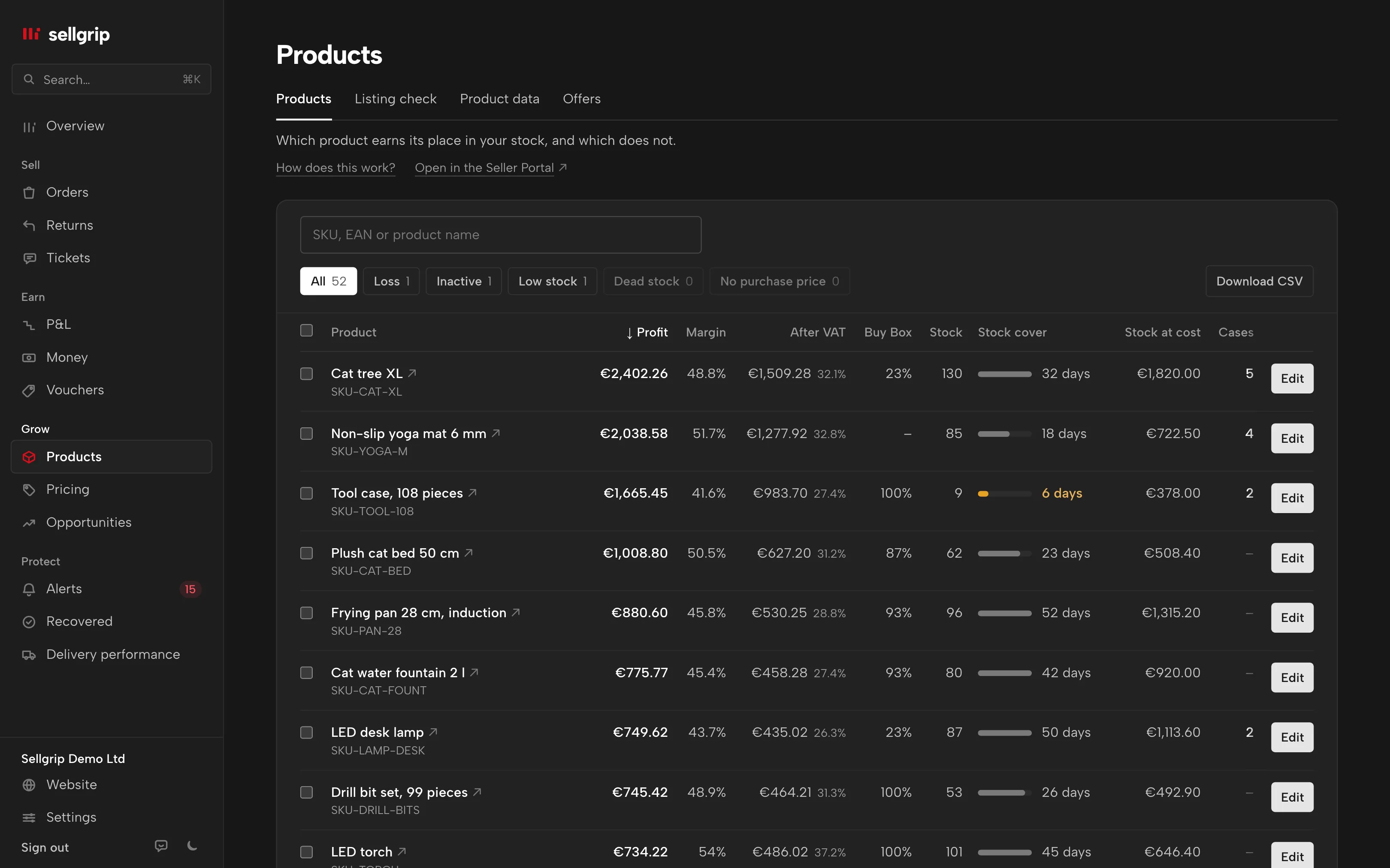 Products in Sellgrip with “Edit” per offer and “Minimum price at break-even” for a selection.