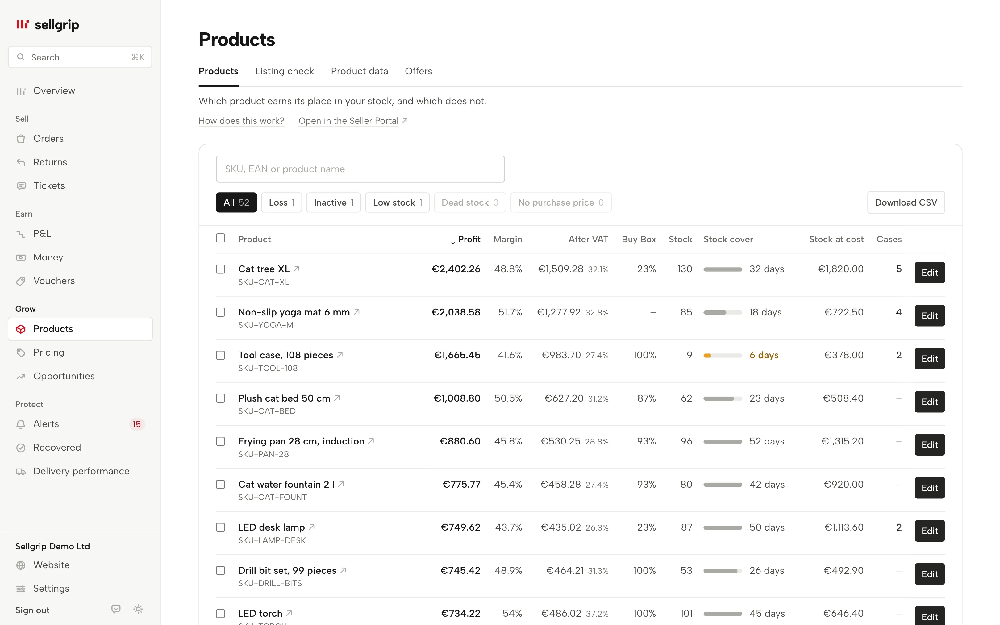Products in Sellgrip with “Edit” per offer and “Minimum price at break-even” for a selection.