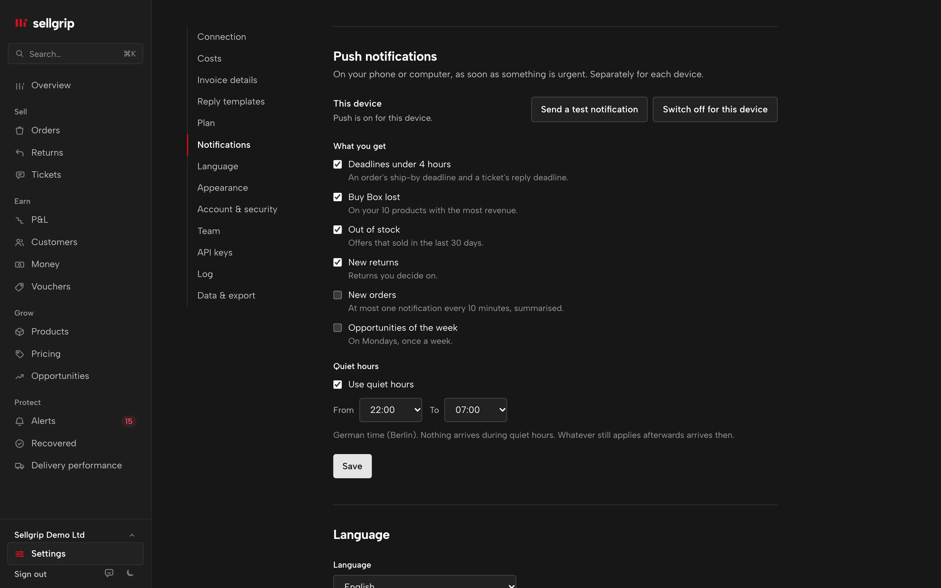 Push notifications in the Sellgrip settings: the areas per device and the quiet hours.