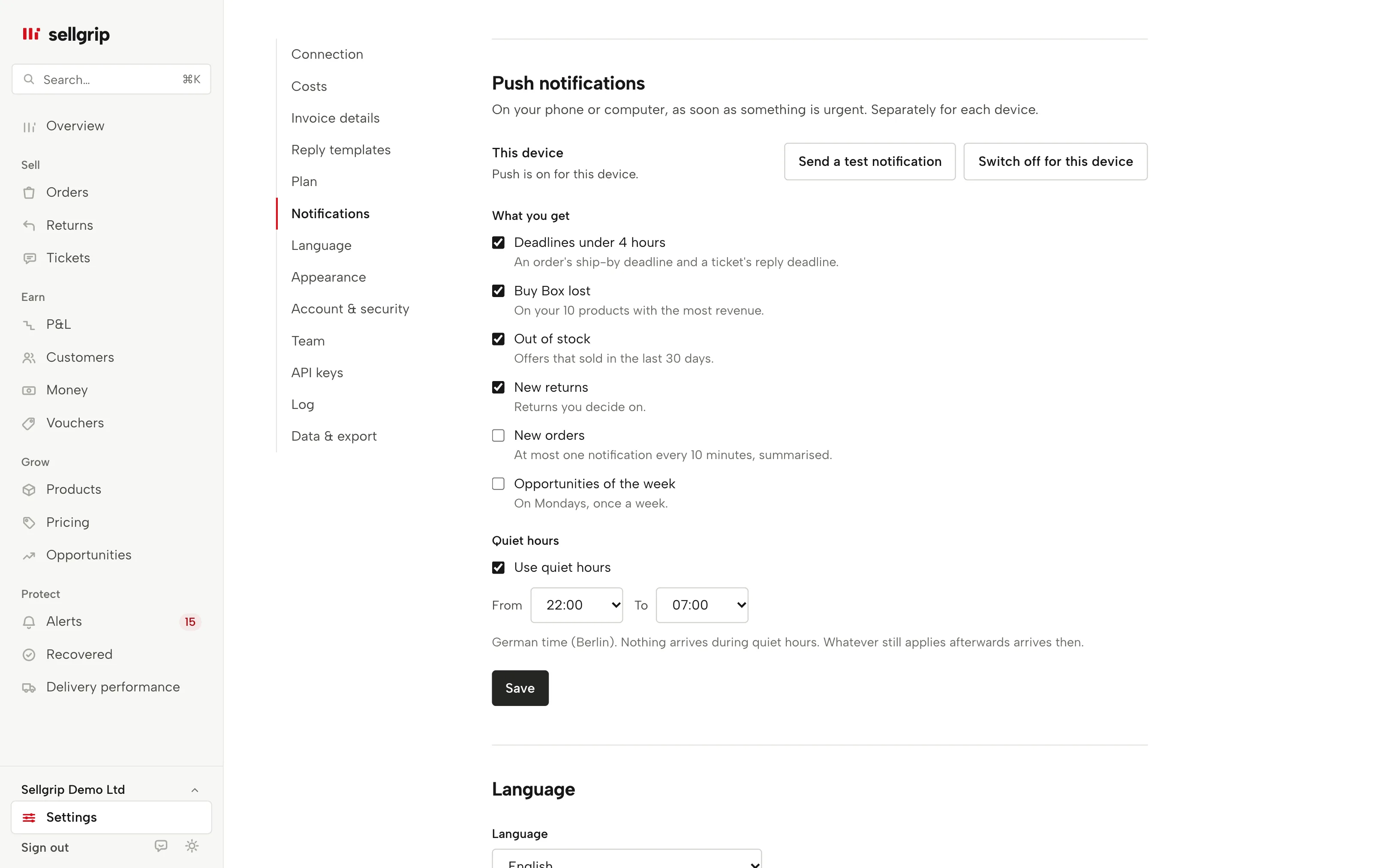Push notifications in the Sellgrip settings: the areas per device and the quiet hours.