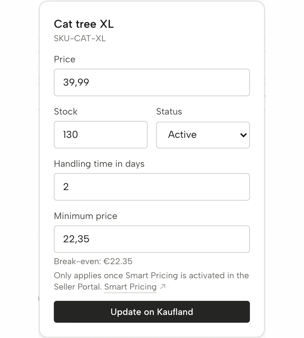 Products in Sellgrip: minimum price filled in at break-even, not yet sent to Kaufland