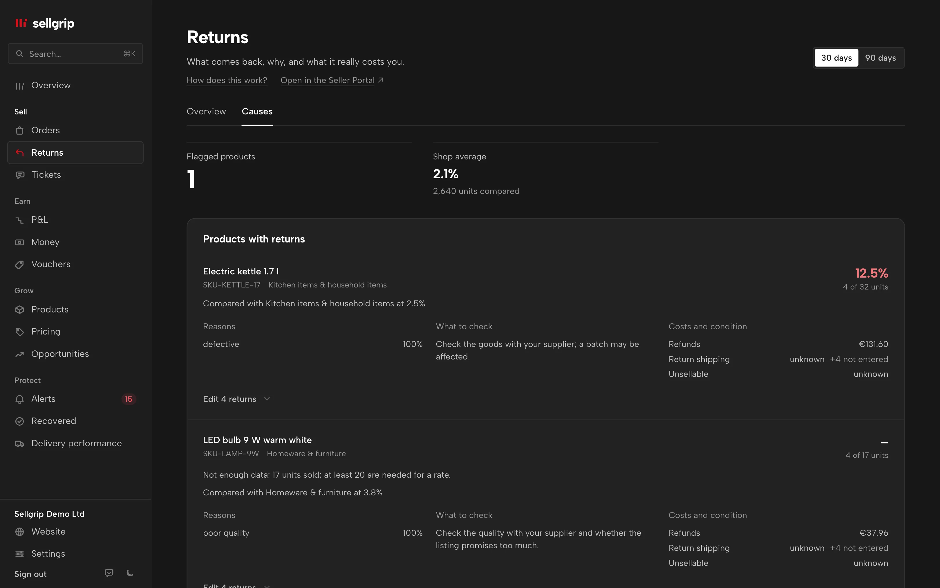 Returns radar in Sellgrip: flagged products, comparison baseline, return reasons and known costs.