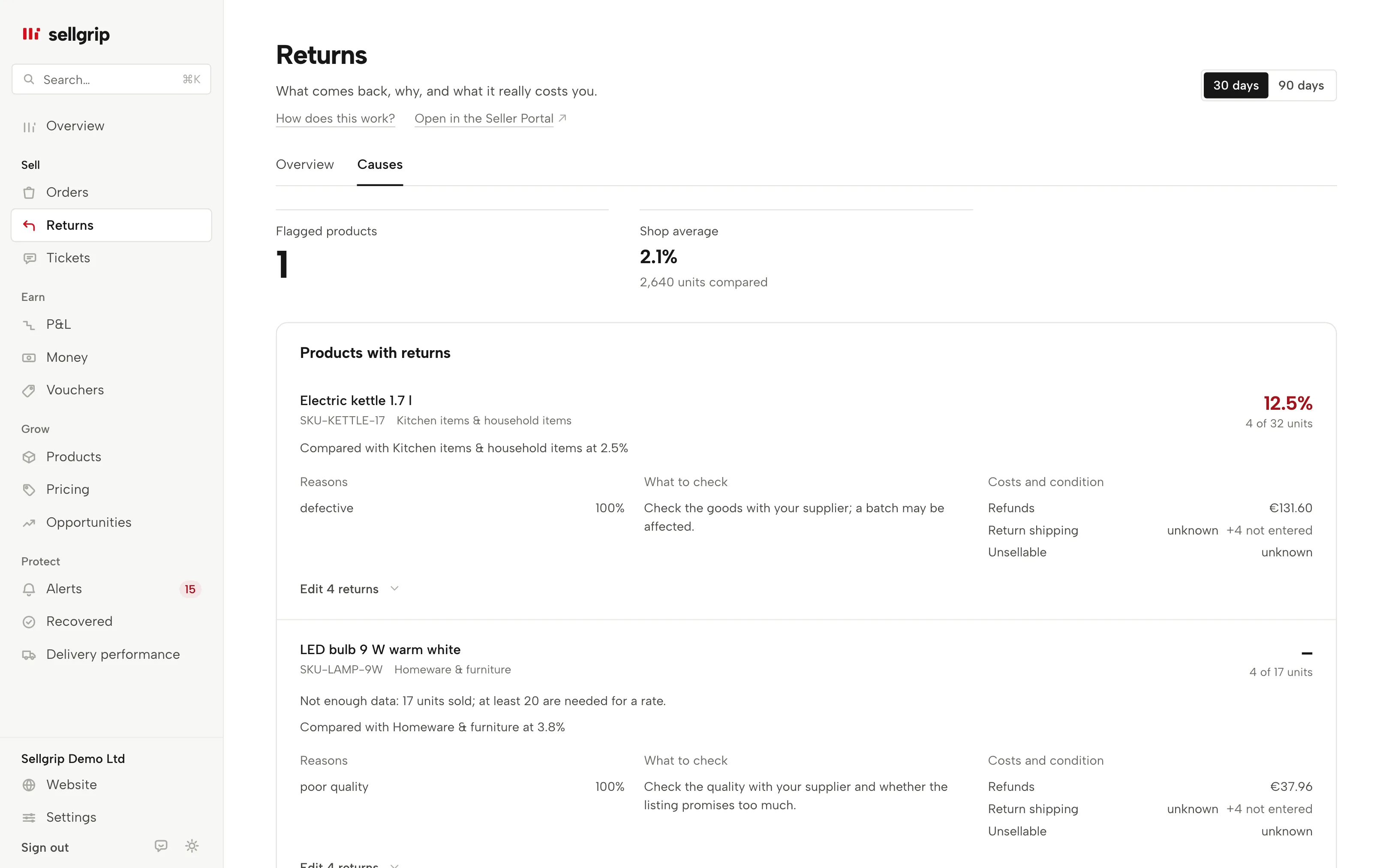 Returns radar in Sellgrip: flagged products, comparison baseline, return reasons and known costs.