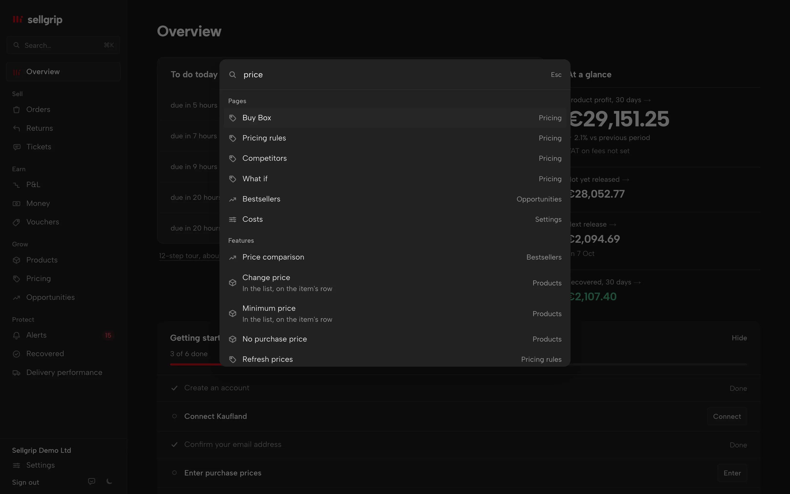 Search in Sellgrip, opened with ⌘K: pages and the functions inside them for the word “price”.
