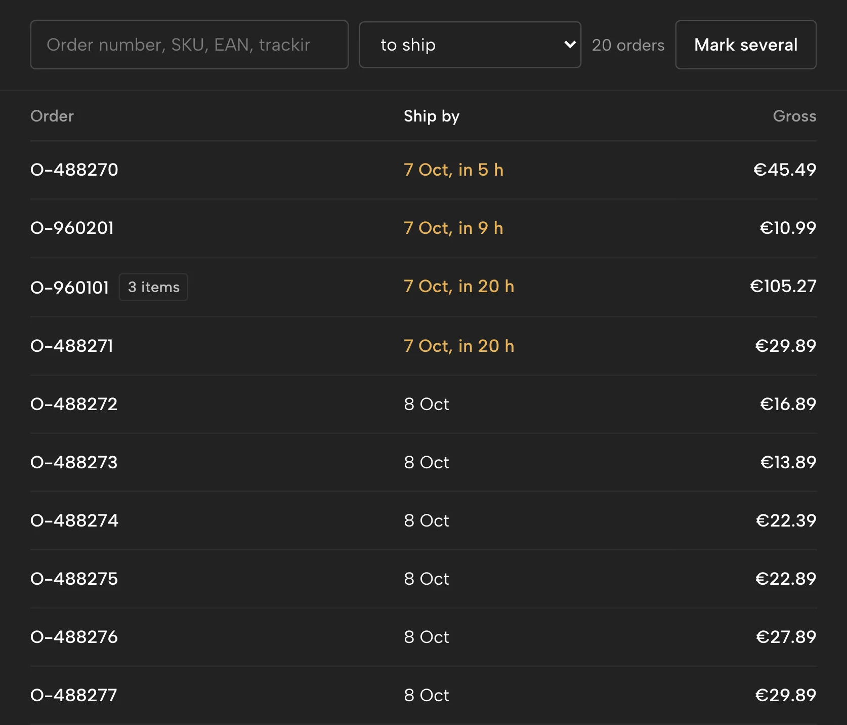 Orders in Sellgrip, with sample data