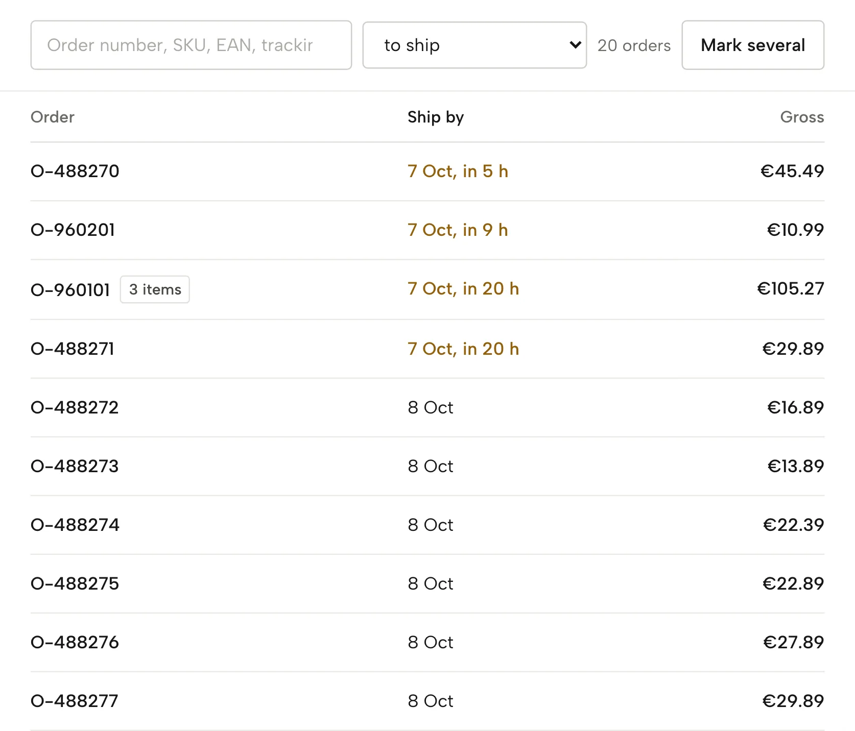 Orders in Sellgrip, with sample data