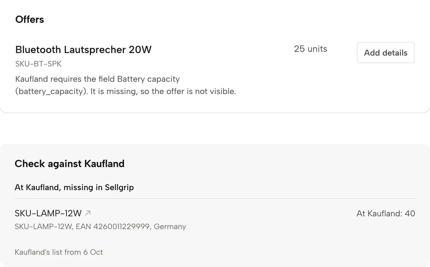 Listing check in Sellgrip, with sample data