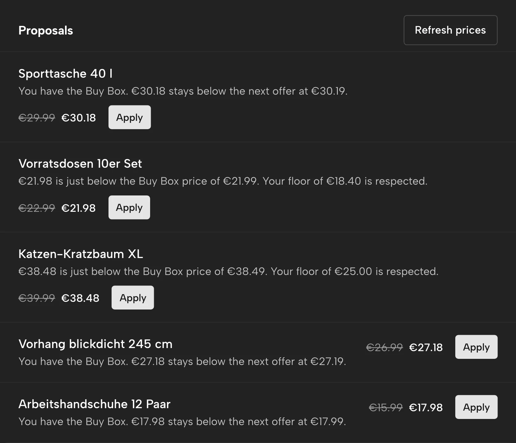 Pricing rules in Sellgrip, with sample data
