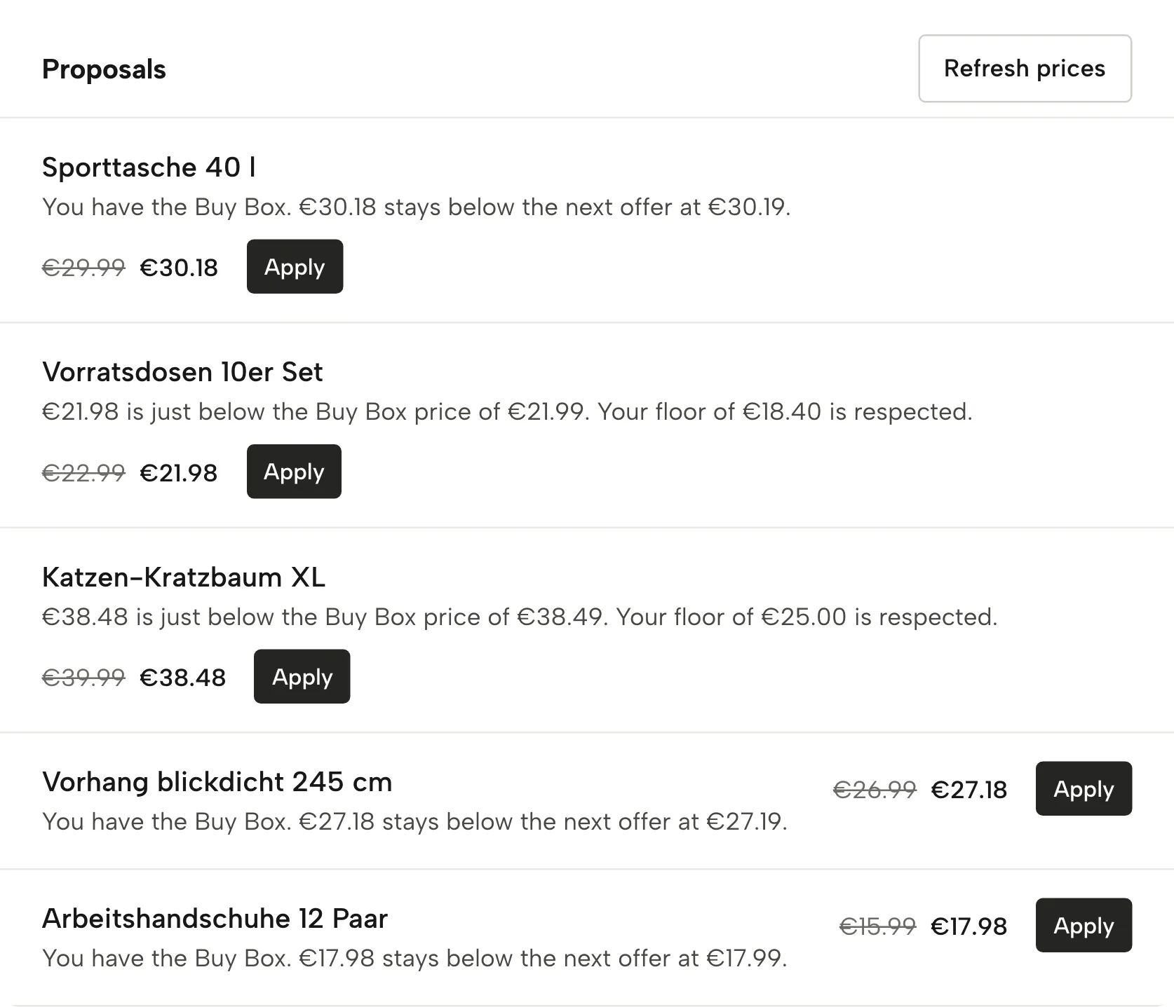 Pricing rules in Sellgrip, with sample data