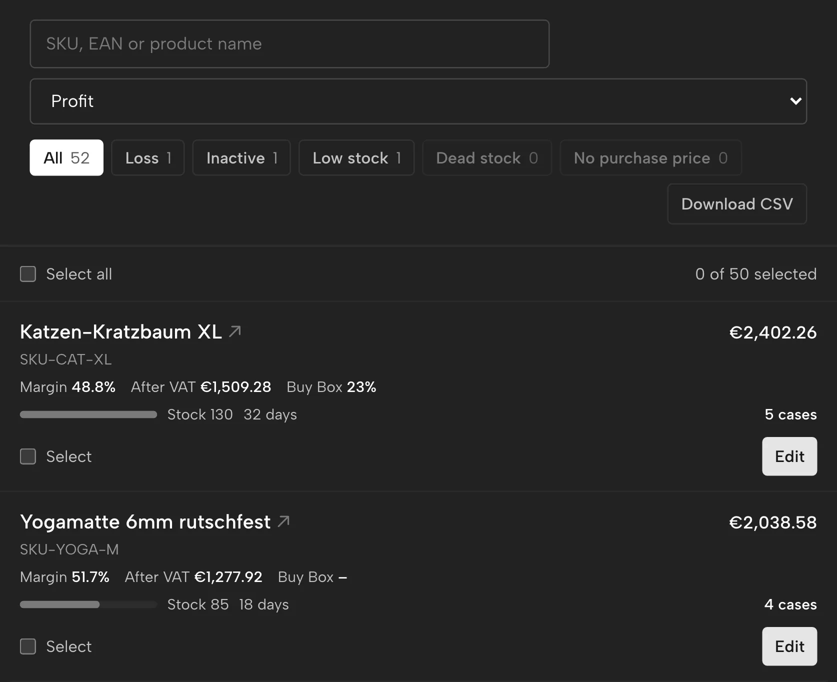 Products in Sellgrip, with sample data