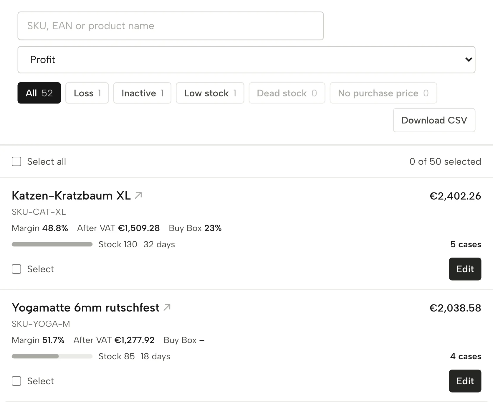 Products in Sellgrip, with sample data