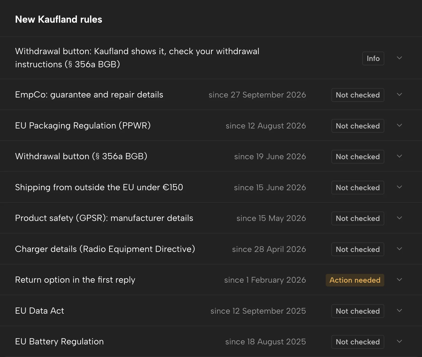 Rules calendar in Sellgrip, with sample data