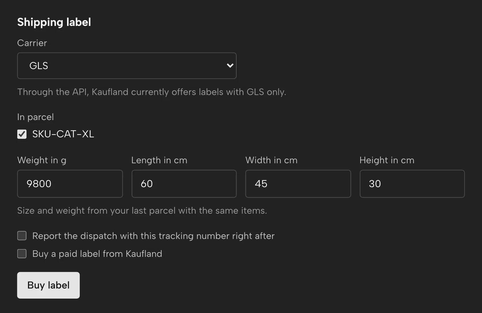 Shipping labels in Sellgrip, with sample data