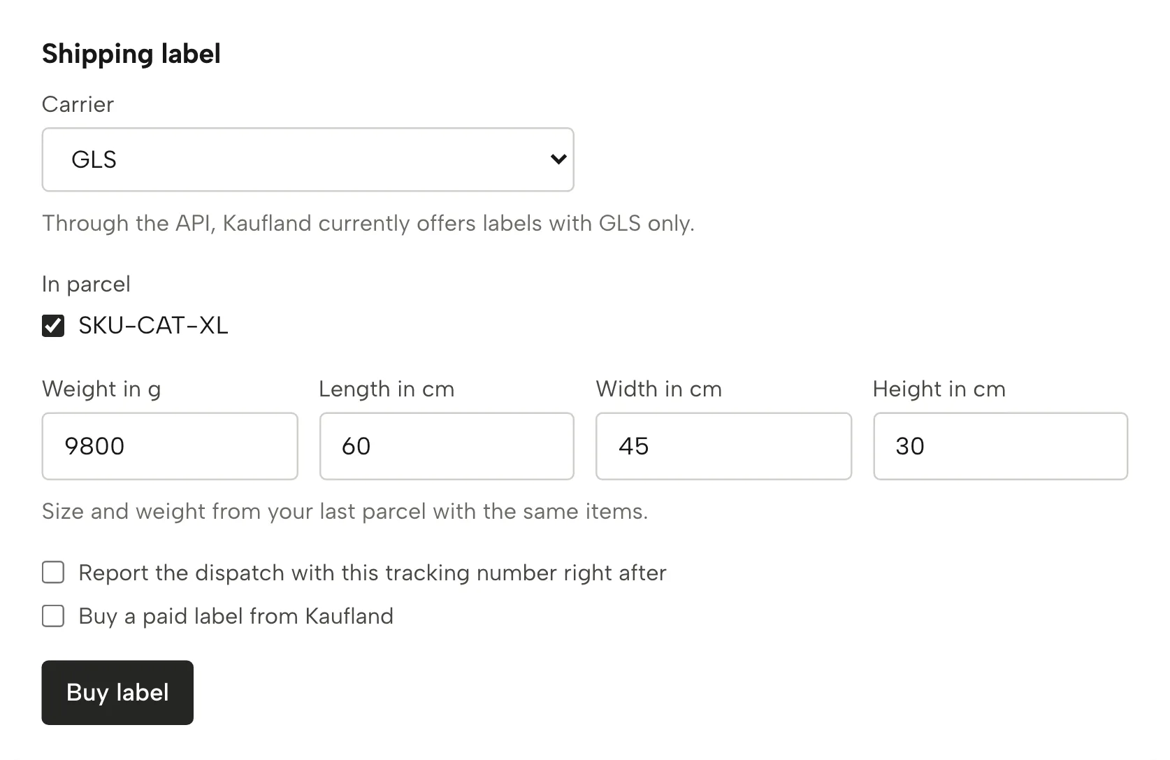 Shipping labels in Sellgrip, with sample data