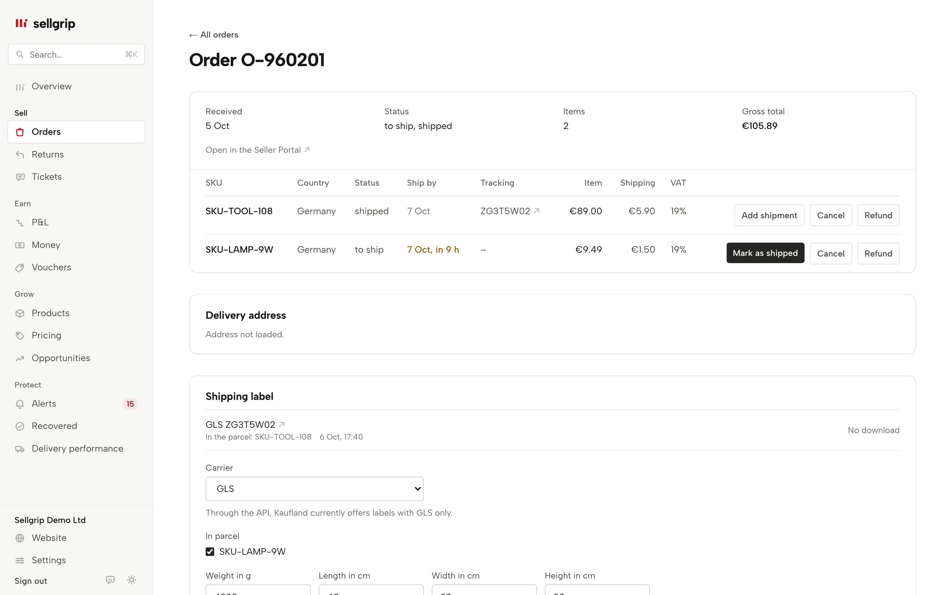 An order in Sellgrip with the GLS shipping label panel, weight and dimensions.