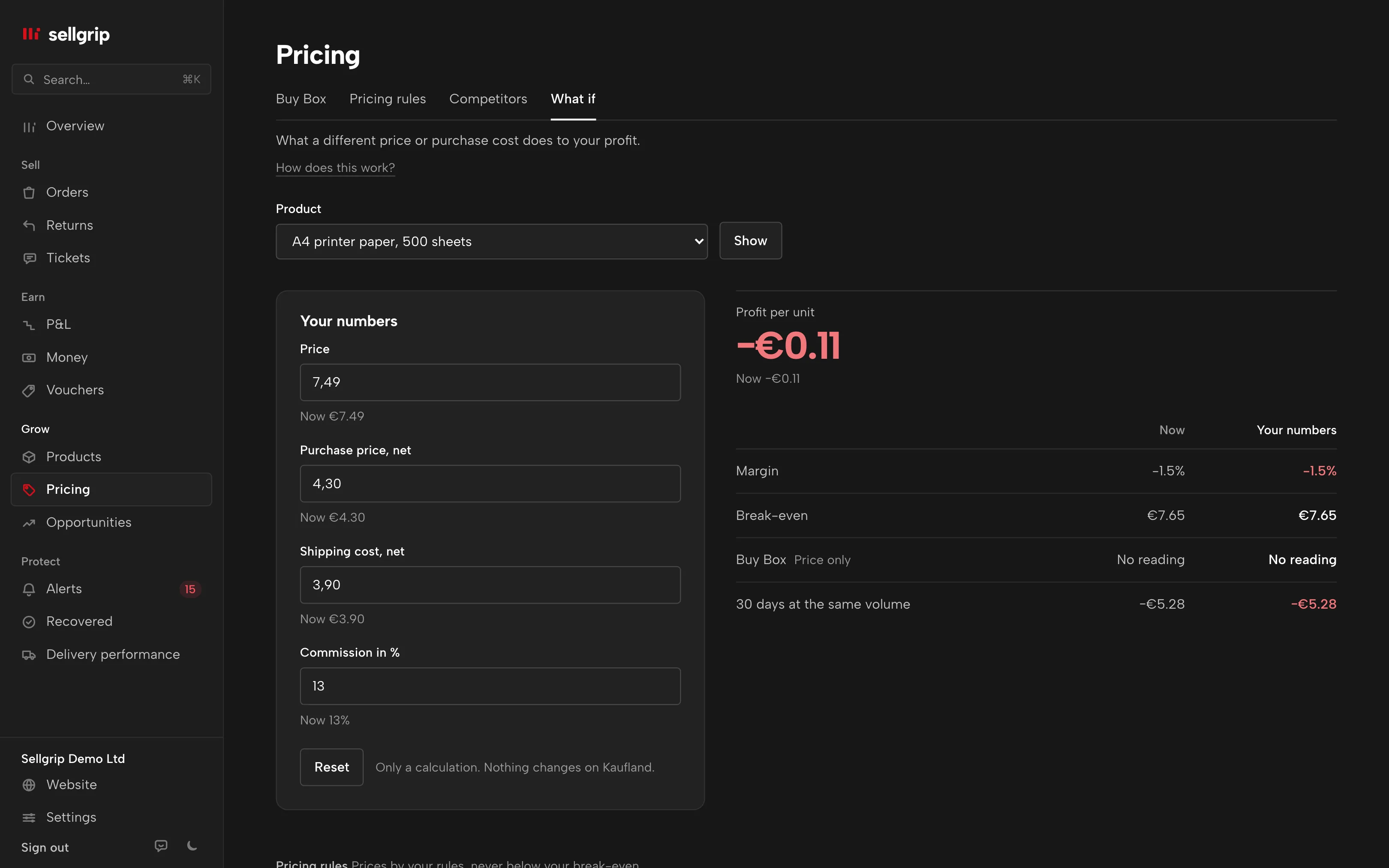 What if in Sellgrip: change price, purchase cost and shipping for a product and see profit per unit, margin and break-even at once.