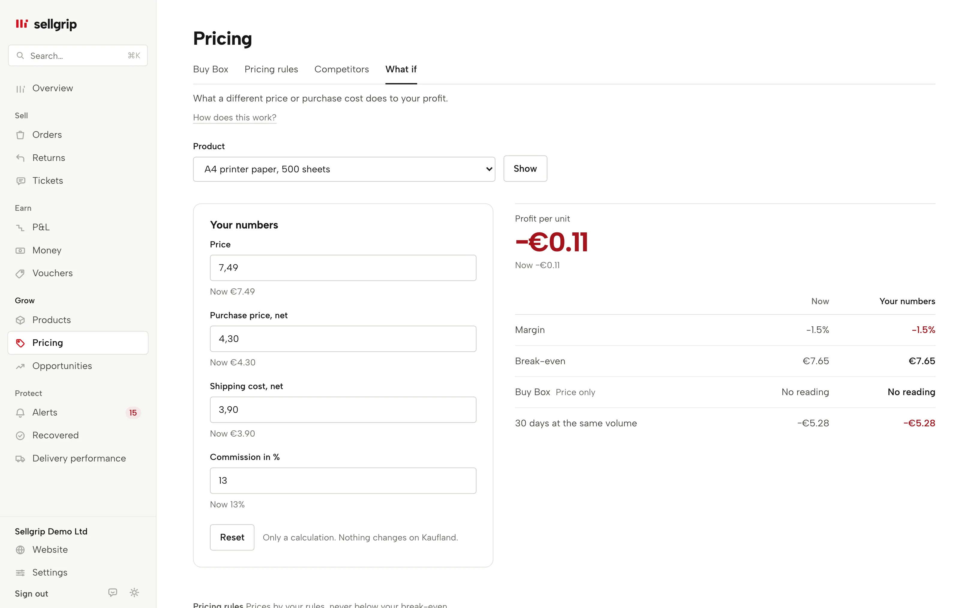 What if in Sellgrip: change price, purchase cost and shipping for a product and see profit per unit, margin and break-even at once.