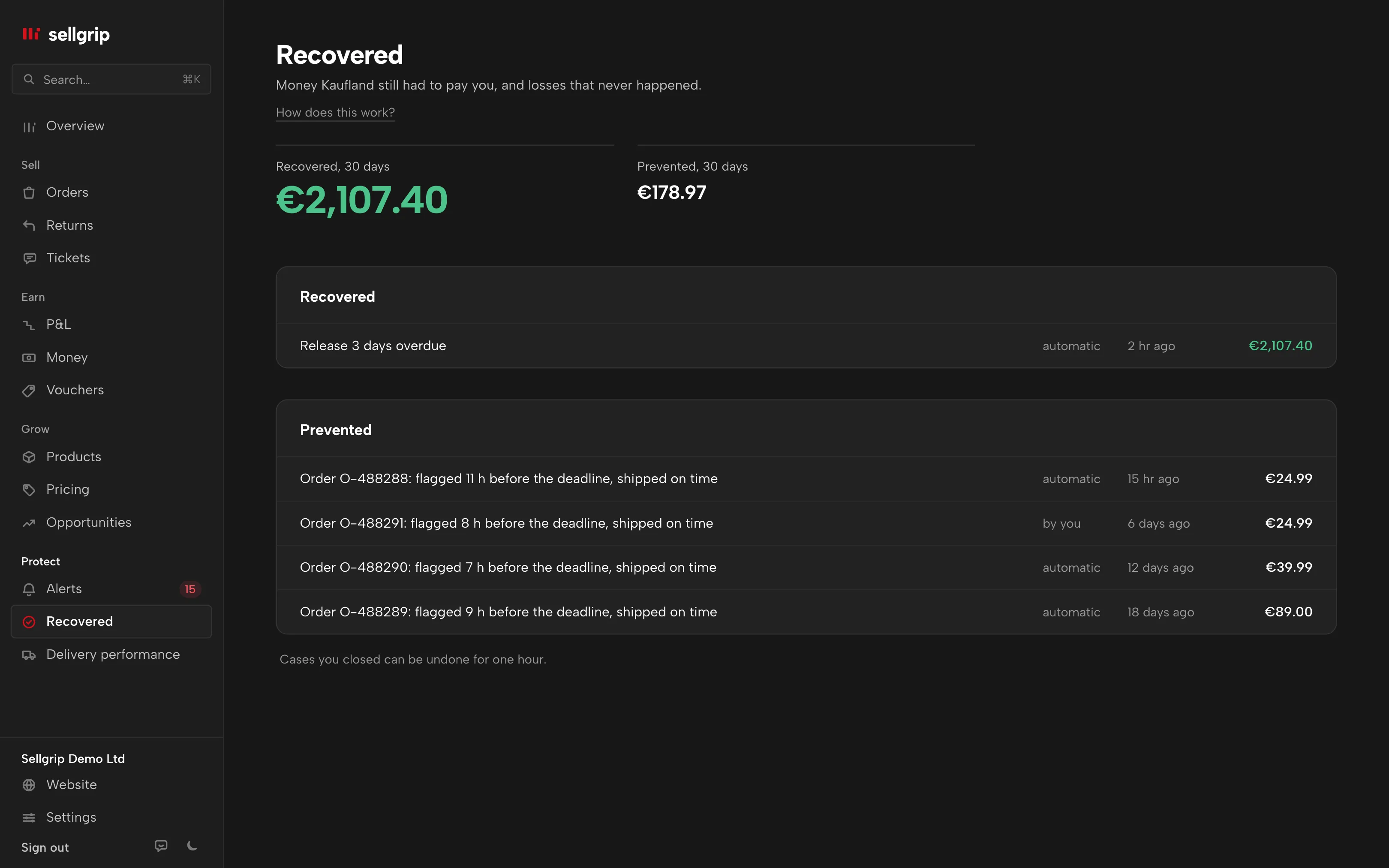 Recovered in Sellgrip: two totals and the receipts with their amounts.