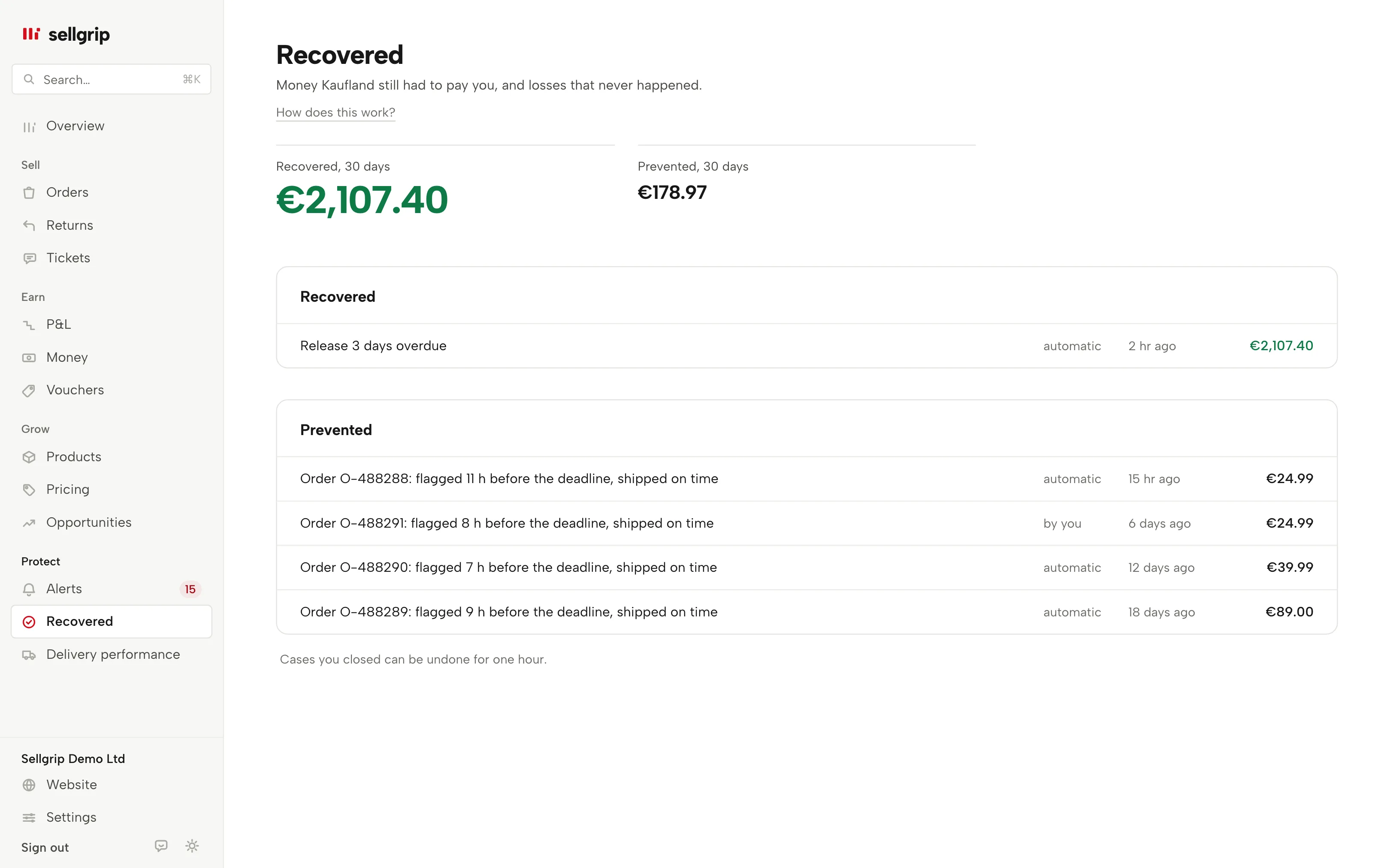 Recovered in Sellgrip: two totals and the receipts with their amounts.