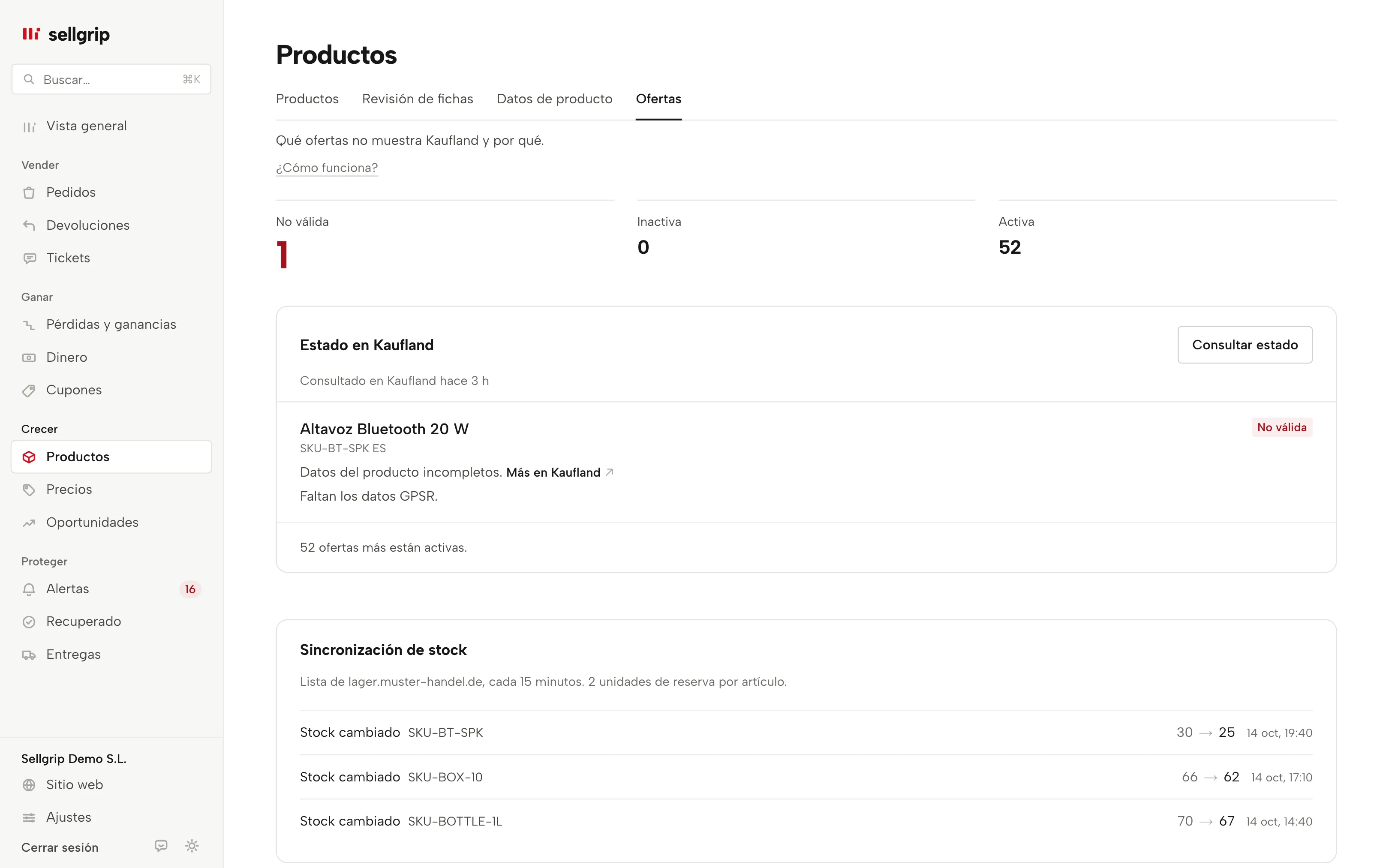Ofertas en Sellgrip: el estado en Kaufland por oferta y la sincronización de stock.