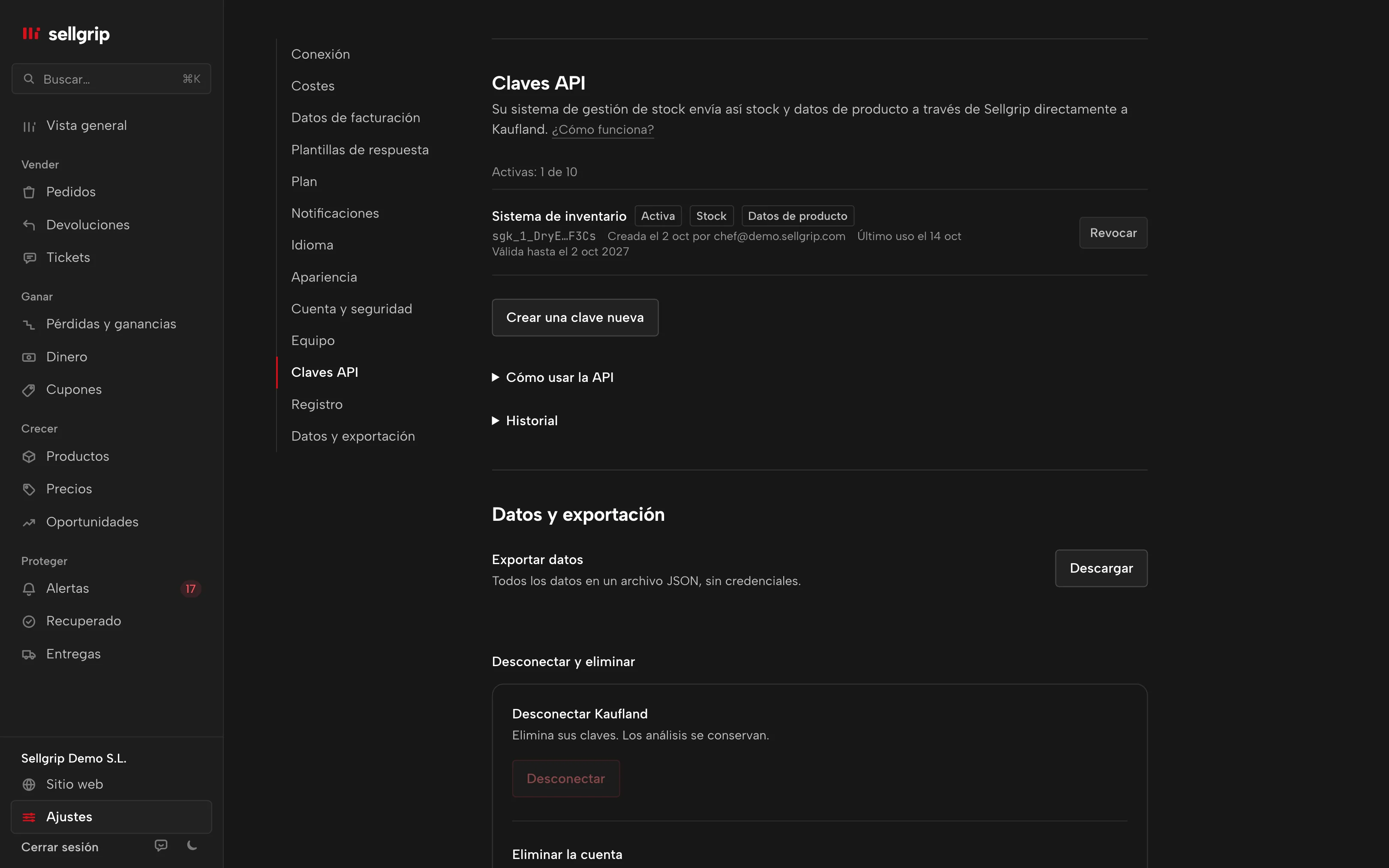 Claves API en Sellgrip: las claves con sus permisos, último uso y caducidad.
