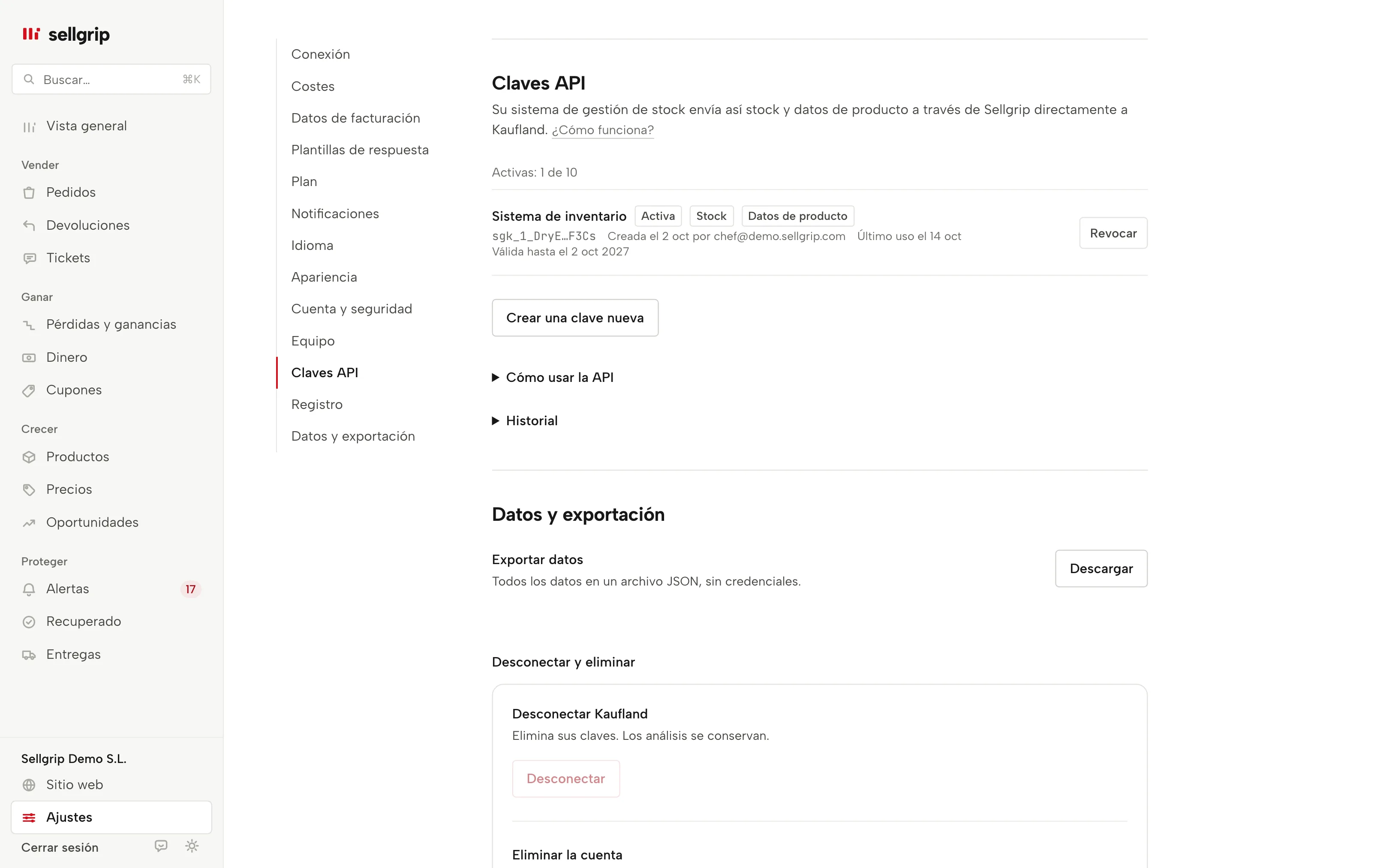 Claves API en Sellgrip: las claves con sus permisos, último uso y caducidad.