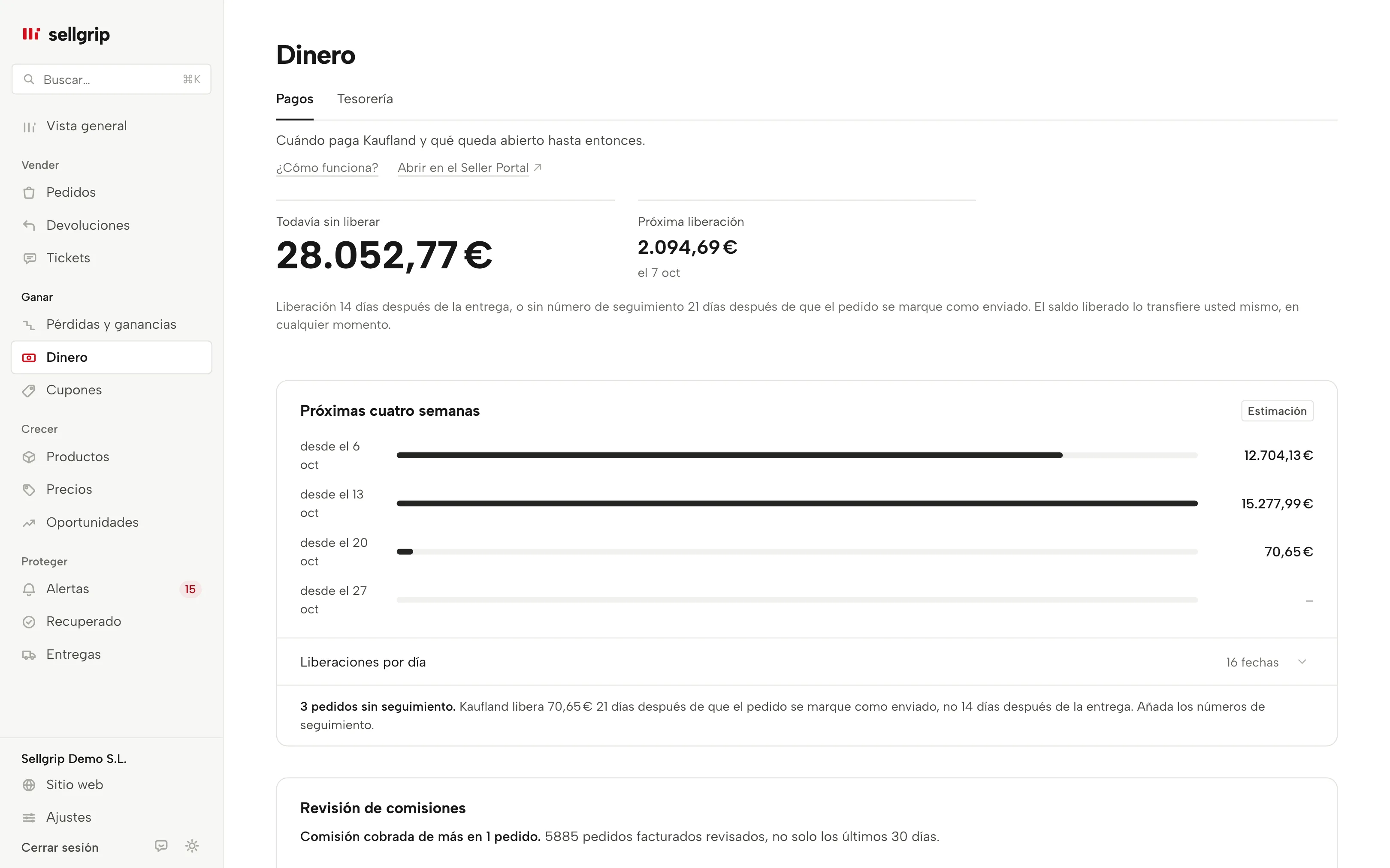 Pagos en Sellgrip: dinero aún no liberado, la próxima liberación y una liberación atrasada con texto para Kaufland.