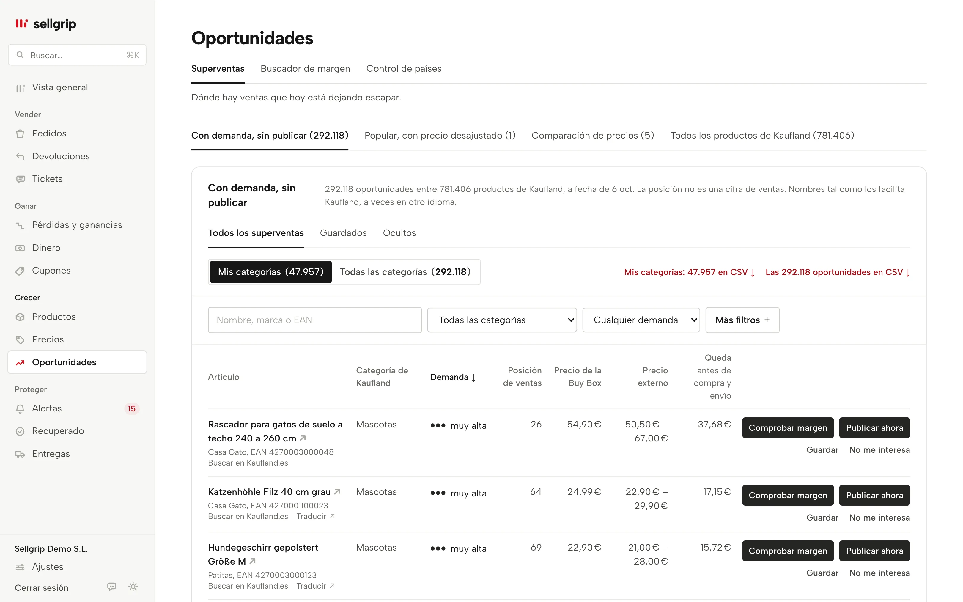 Oportunidades en Sellgrip con la comparación de precios: su precio junto a la oferta más barata en Kaufland y el precio de la Buy Box.