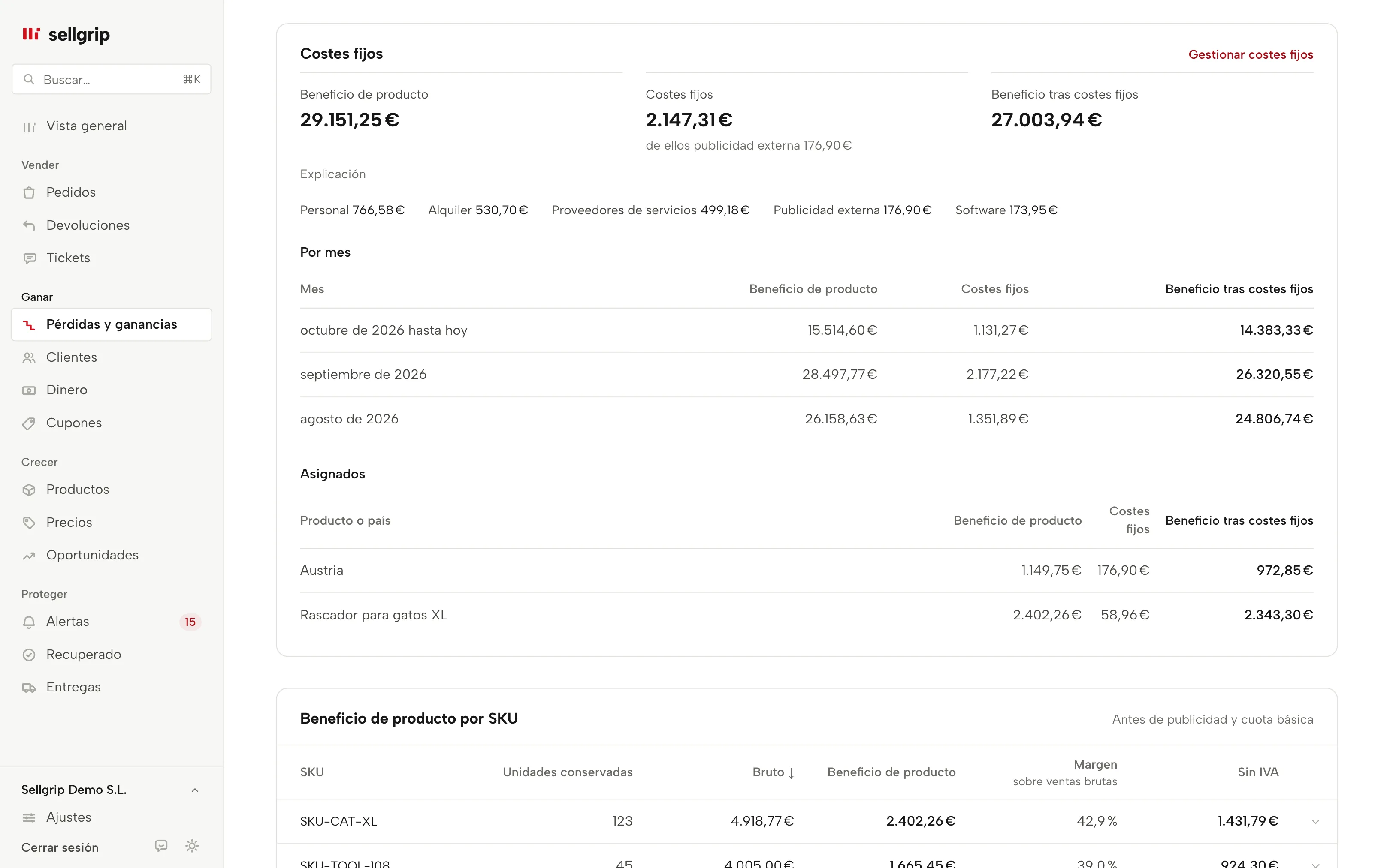 La cuenta de pérdidas y ganancias en Sellgrip con beneficio de producto, costes fijos y beneficio tras costes fijos, con datos de ejemplo.