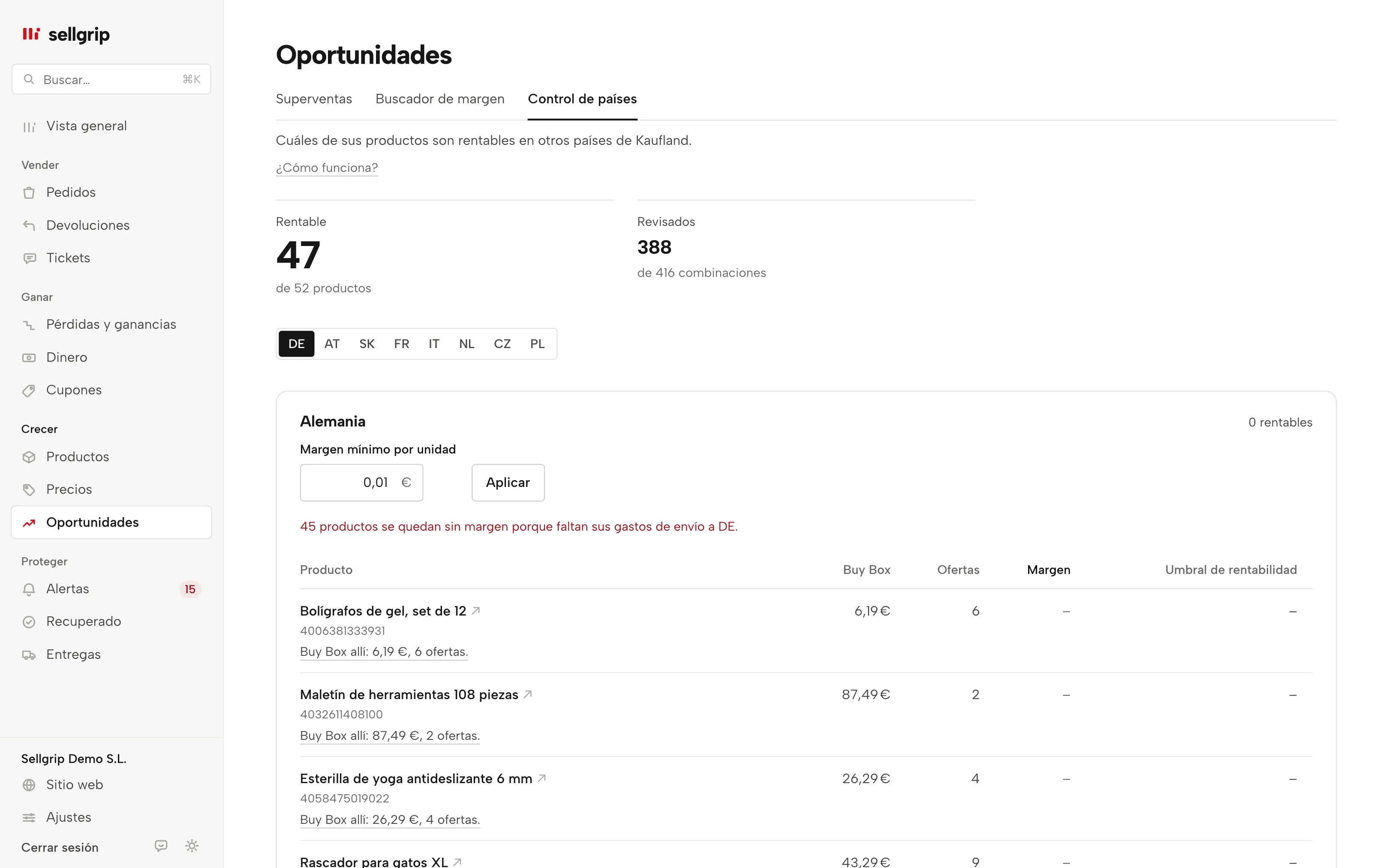 Control de países en Sellgrip con una línea por país, el número de productos rentables y el mejor margen.