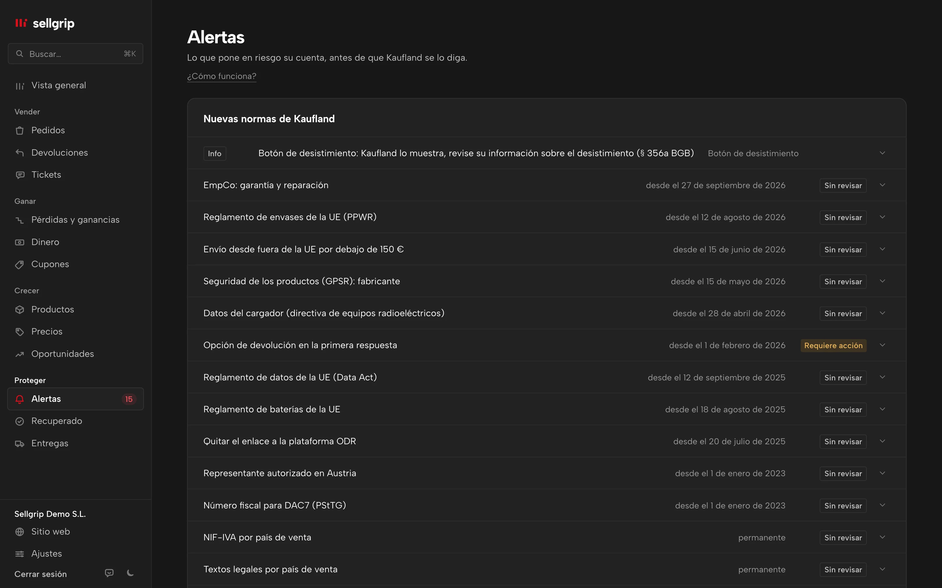 Las alertas en Sellgrip, con Salud de la cuenta y un riesgo de cuenta arriba.