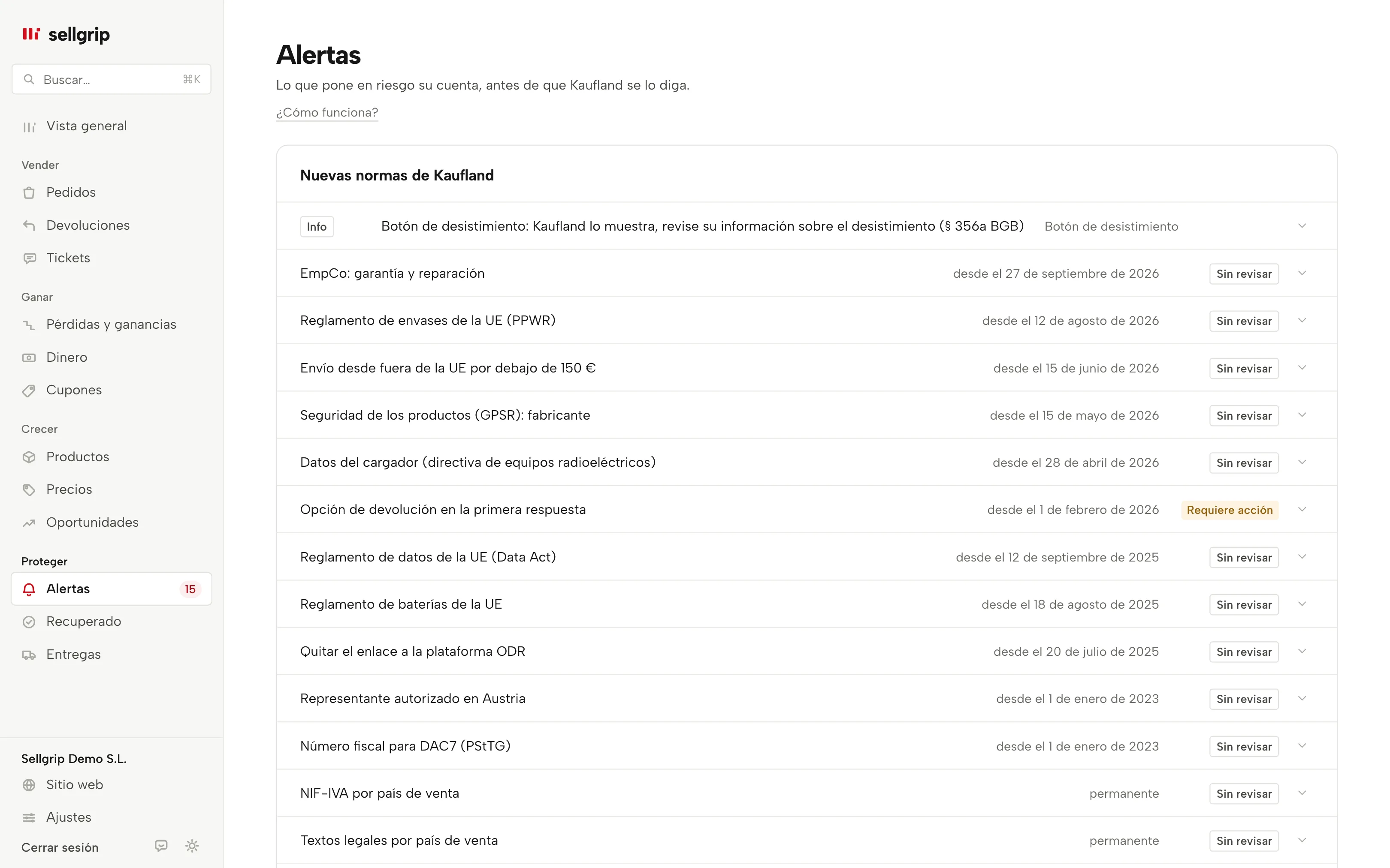 Las alertas en Sellgrip, con Salud de la cuenta y un riesgo de cuenta arriba.