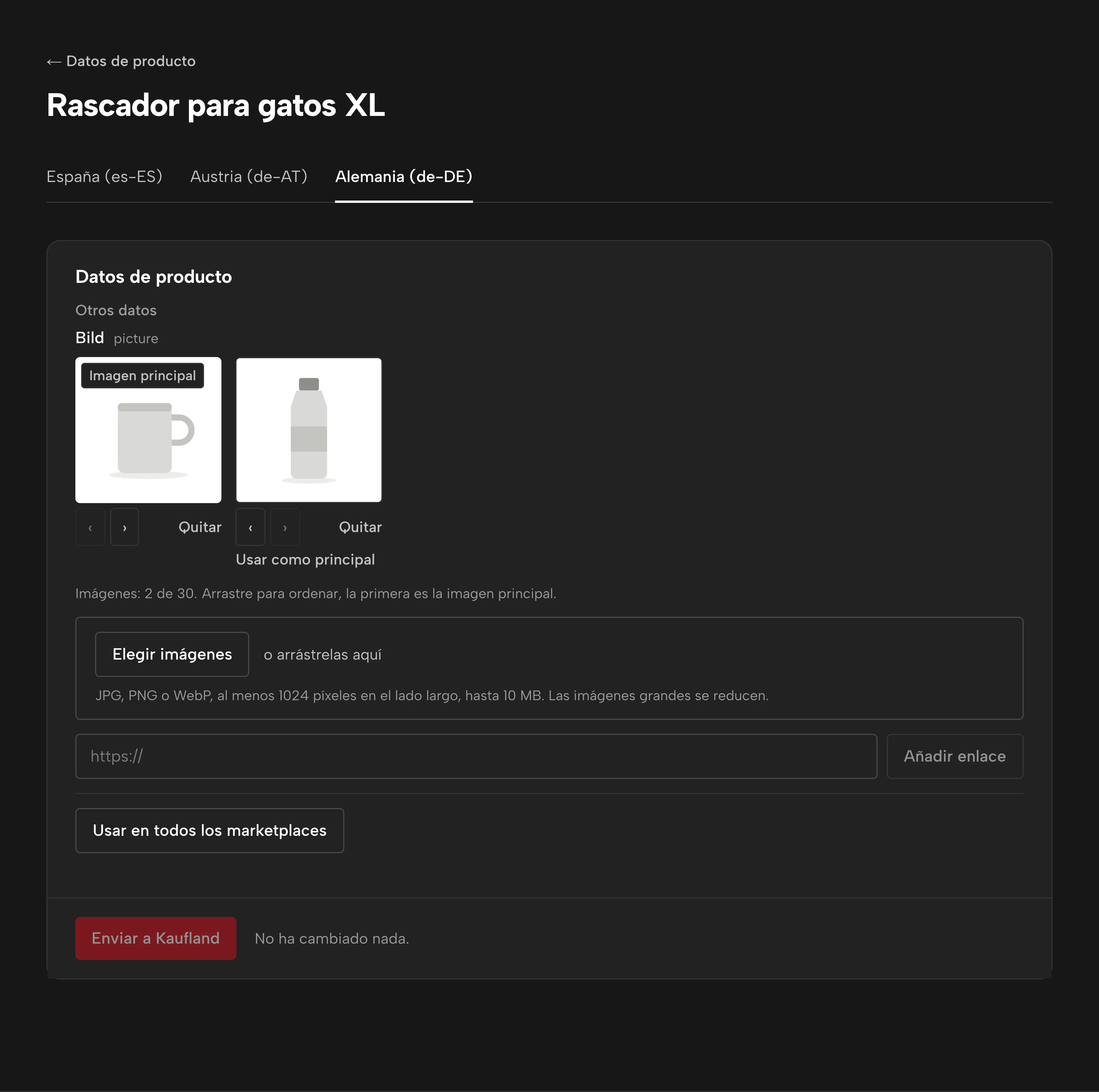 Los datos de un producto en Sellgrip: una pestaña por tienda de Kaufland, las imágenes con la imagen principal primero y el campo para elegir, arrastrar o enlazar más.