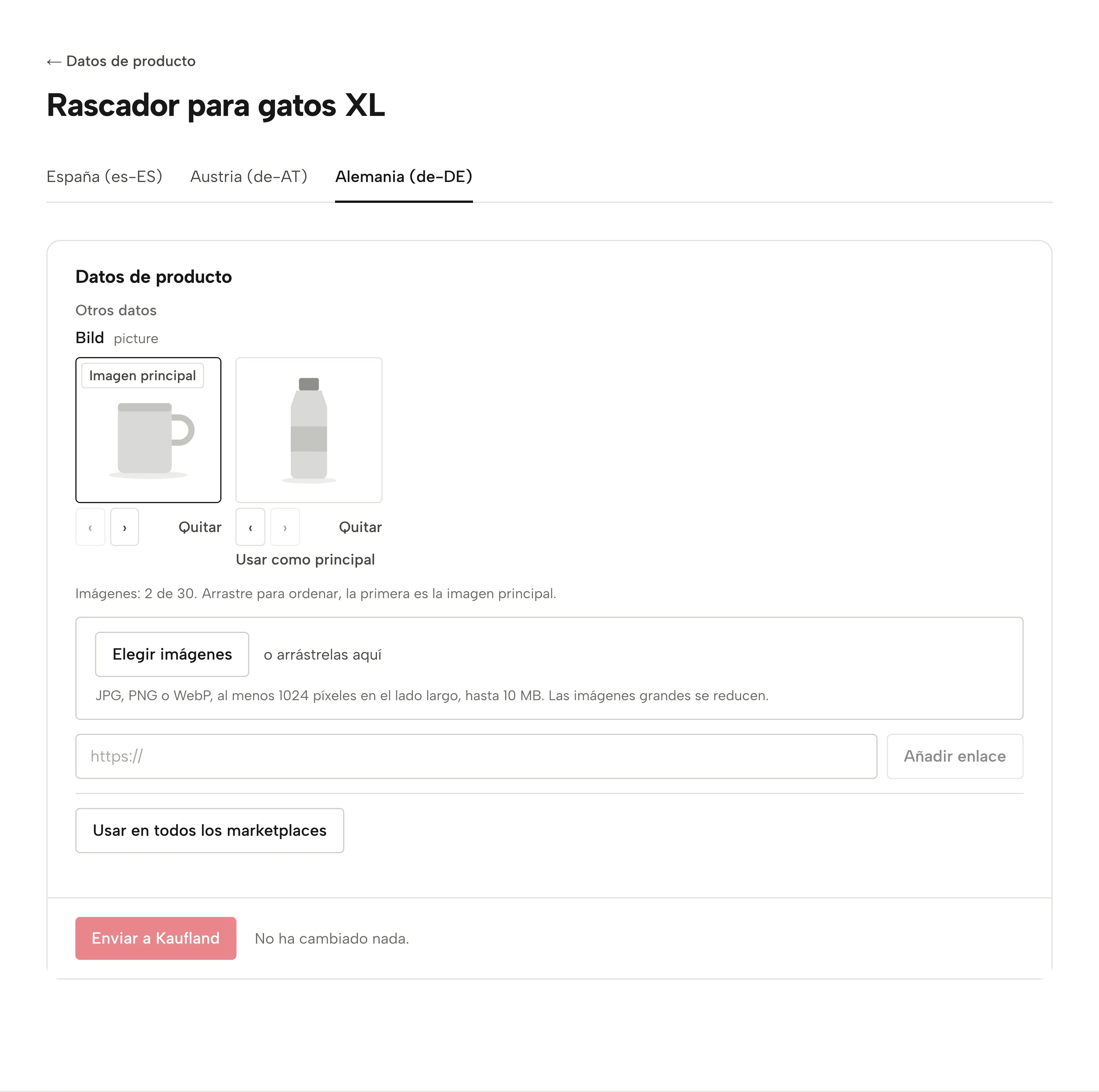 Los datos de un producto en Sellgrip: una pestaña por tienda de Kaufland, las imágenes con la imagen principal primero y el campo para elegir, arrastrar o enlazar más.