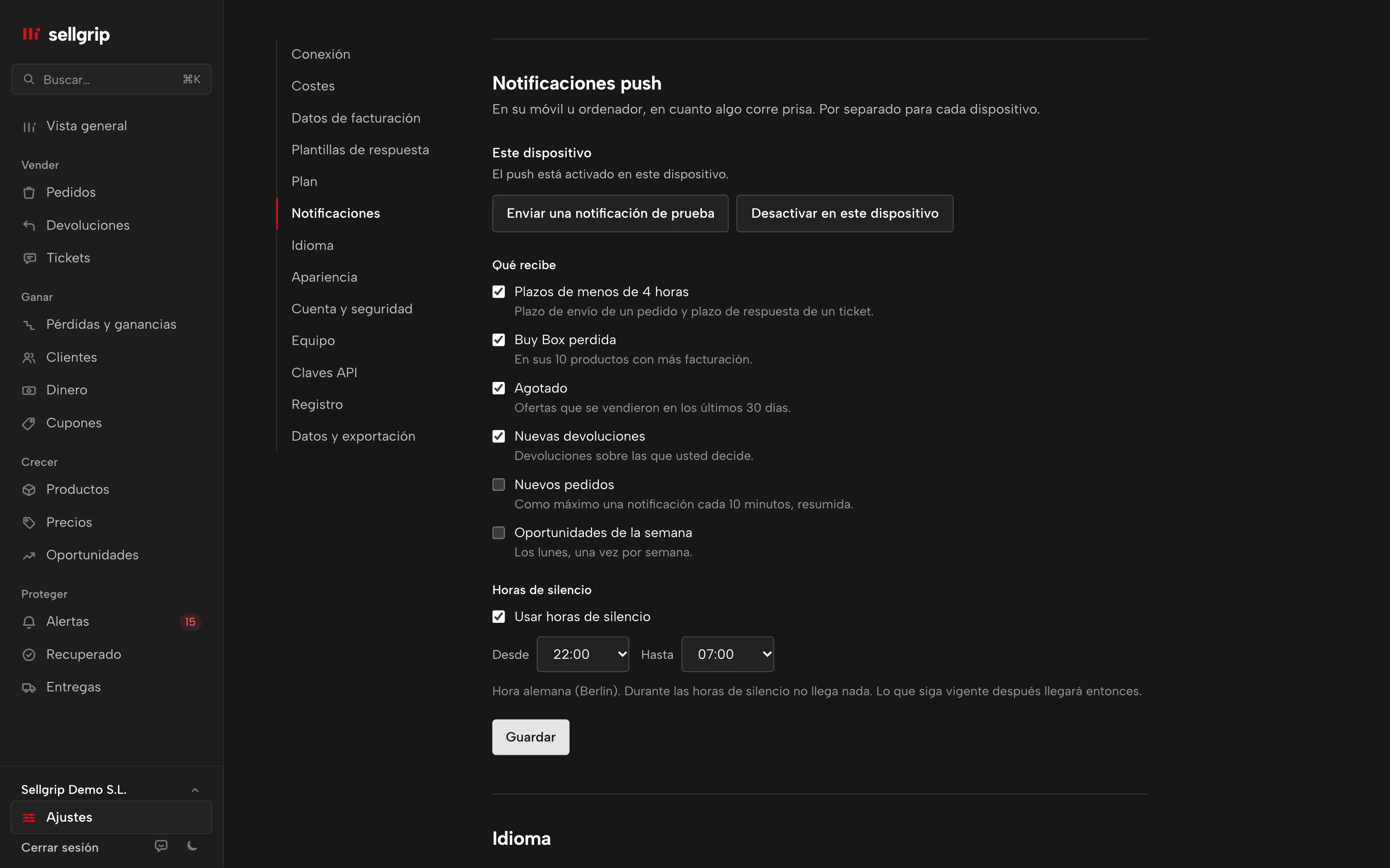 Las notificaciones push en los ajustes de Sellgrip: las áreas por dispositivo y las horas de silencio.