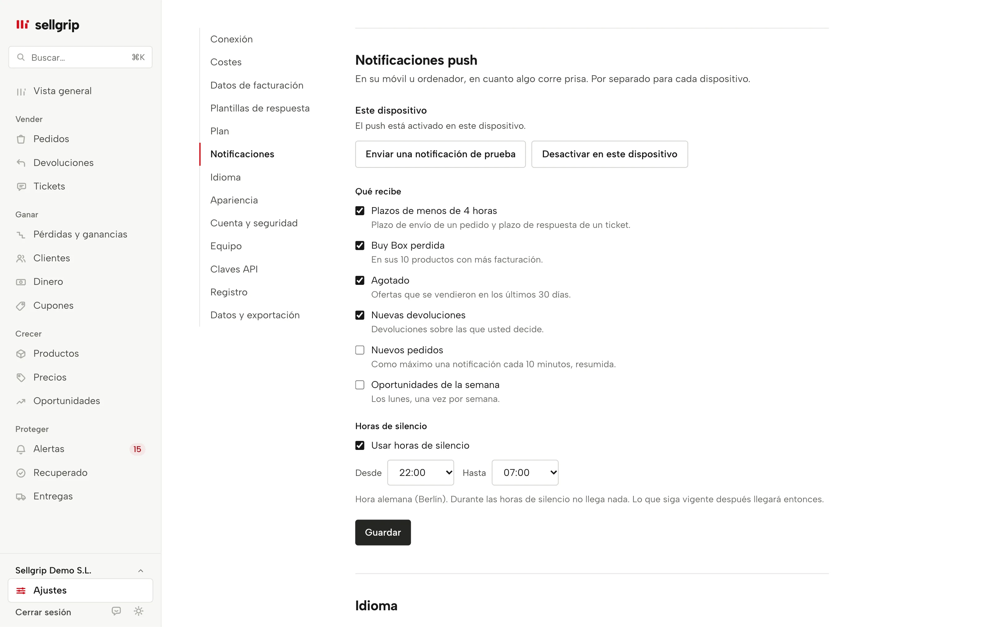 Las notificaciones push en los ajustes de Sellgrip: las áreas por dispositivo y las horas de silencio.