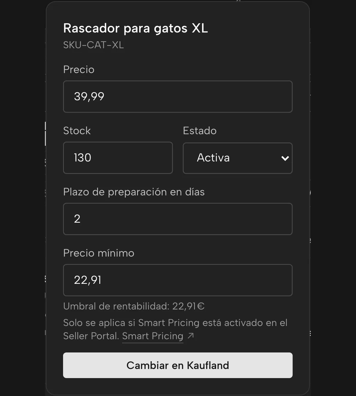 Productos en Sellgrip: precio mínimo introducido en el punto de equilibrio, aún no enviado a Kaufland