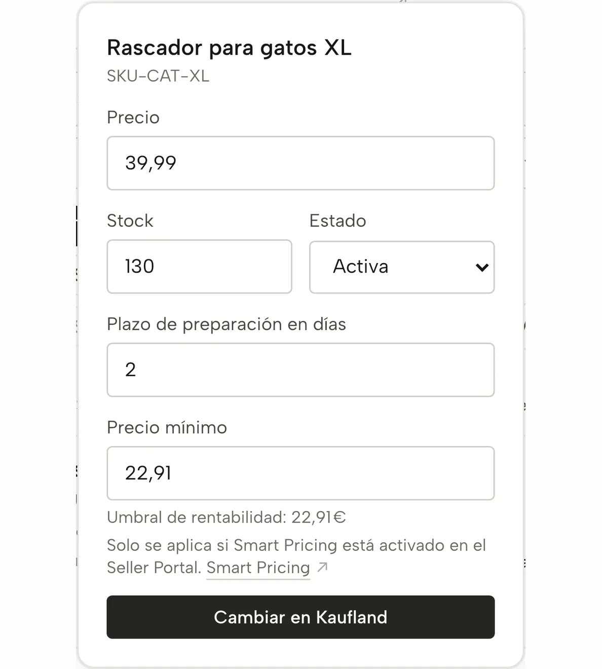 Productos en Sellgrip: precio mínimo introducido en el punto de equilibrio, aún no enviado a Kaufland