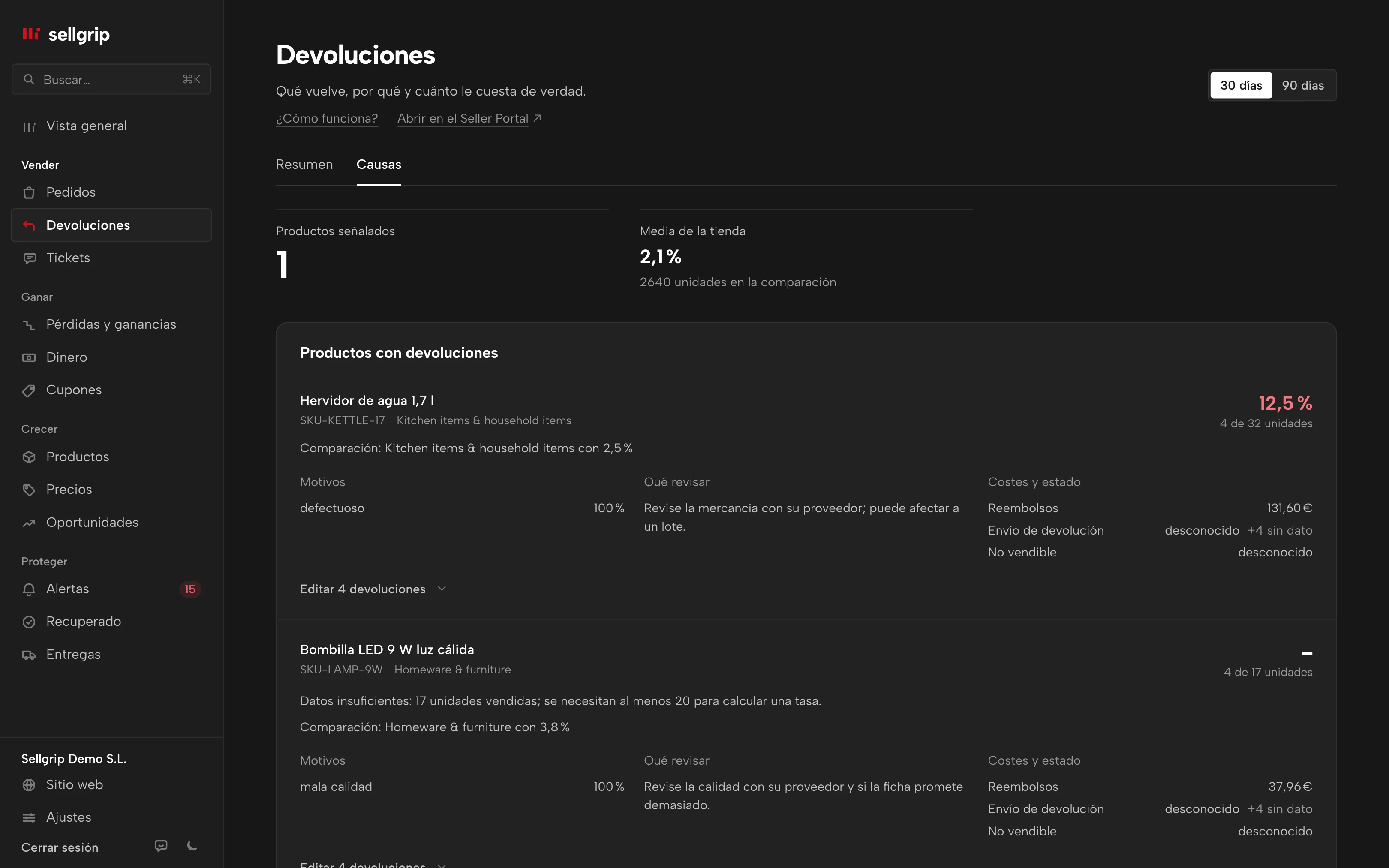 Radar de devoluciones en Sellgrip: productos señalados, base de comparación, motivos de devolución y costes conocidos.