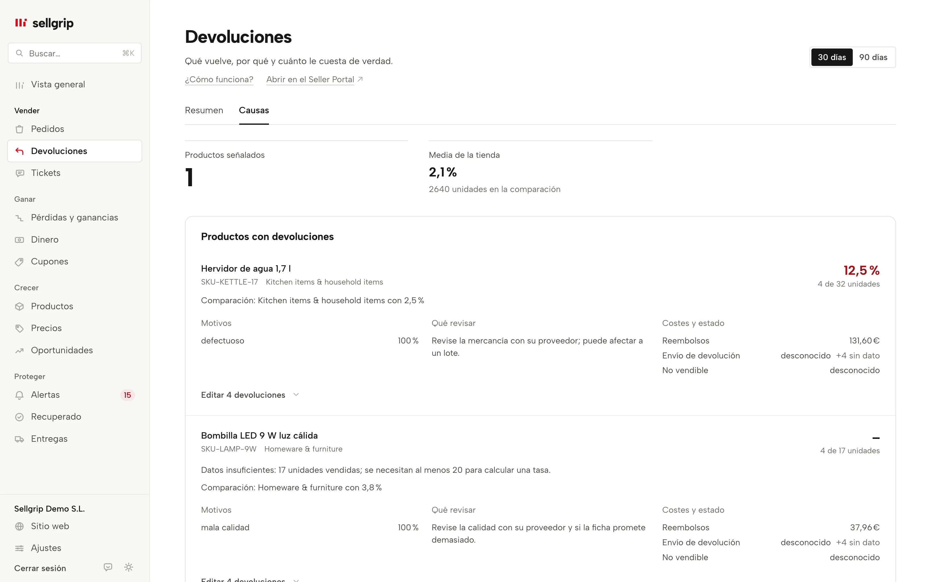 Radar de devoluciones en Sellgrip: productos señalados, base de comparación, motivos de devolución y costes conocidos.
