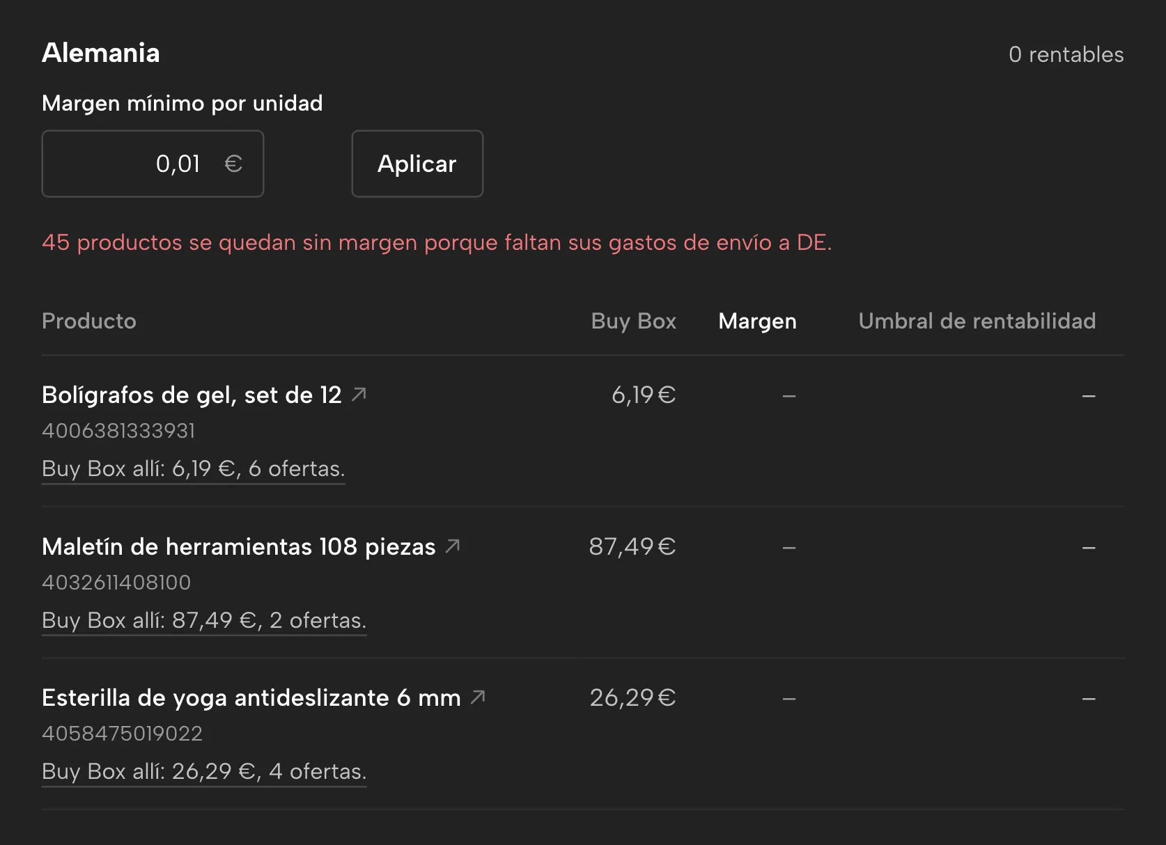 Control de países en Sellgrip, con datos de ejemplo