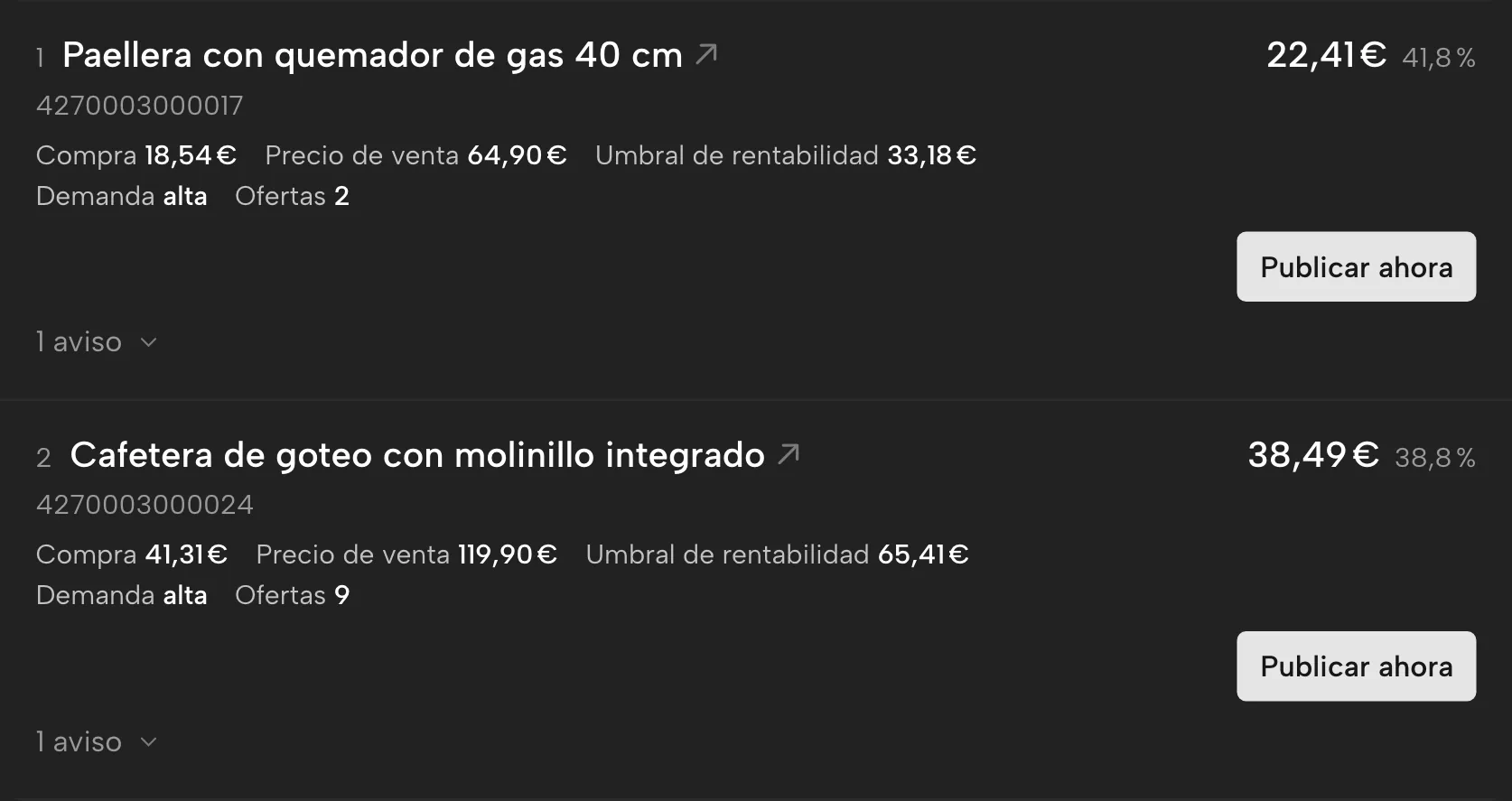 Buscador de margen en Sellgrip, con datos de ejemplo