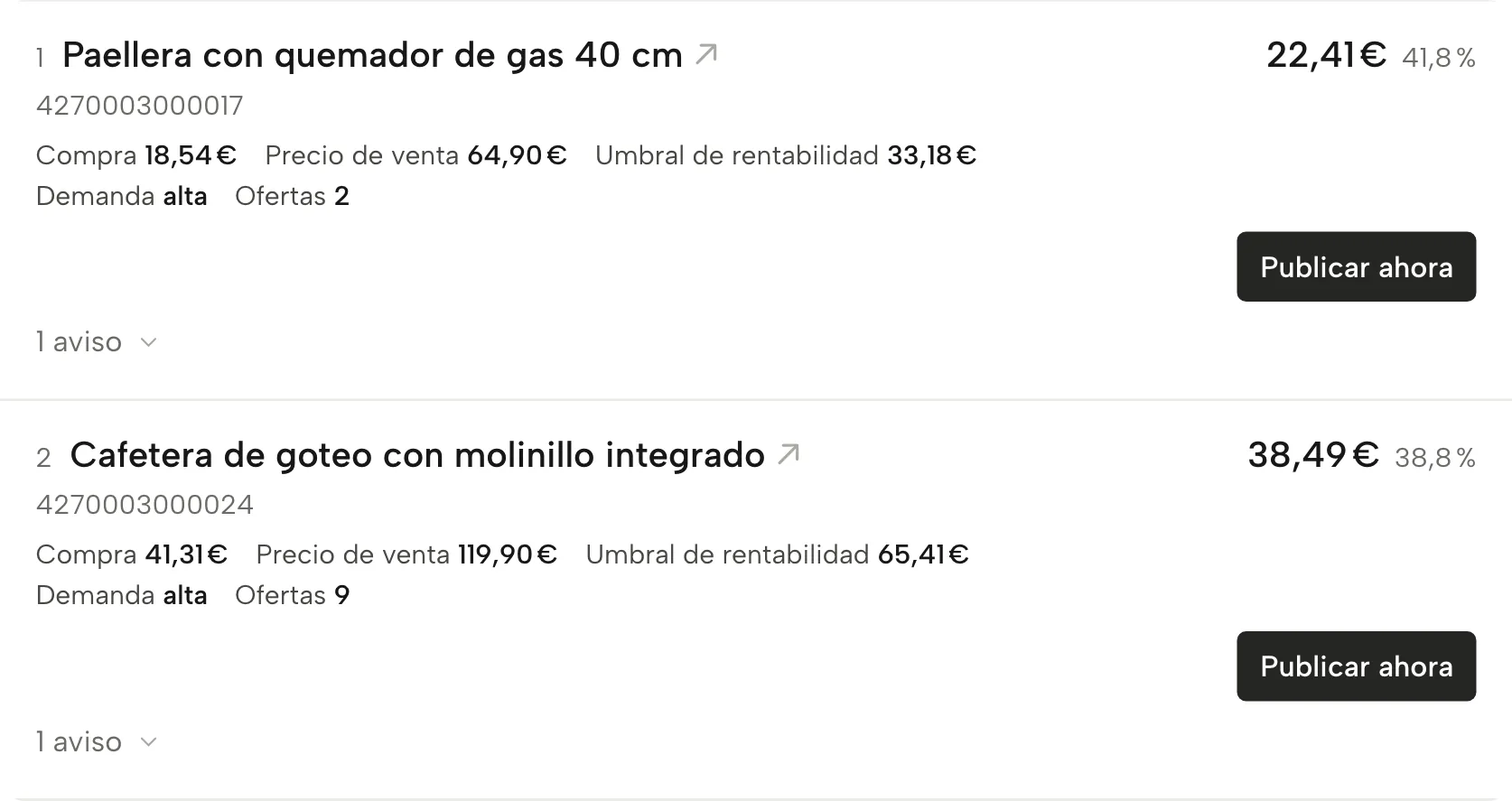 Buscador de margen en Sellgrip, con datos de ejemplo