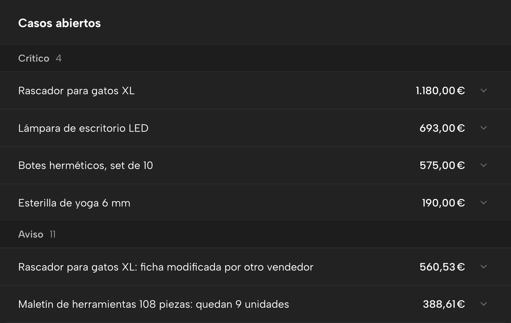Alertas en Sellgrip, con datos de ejemplo