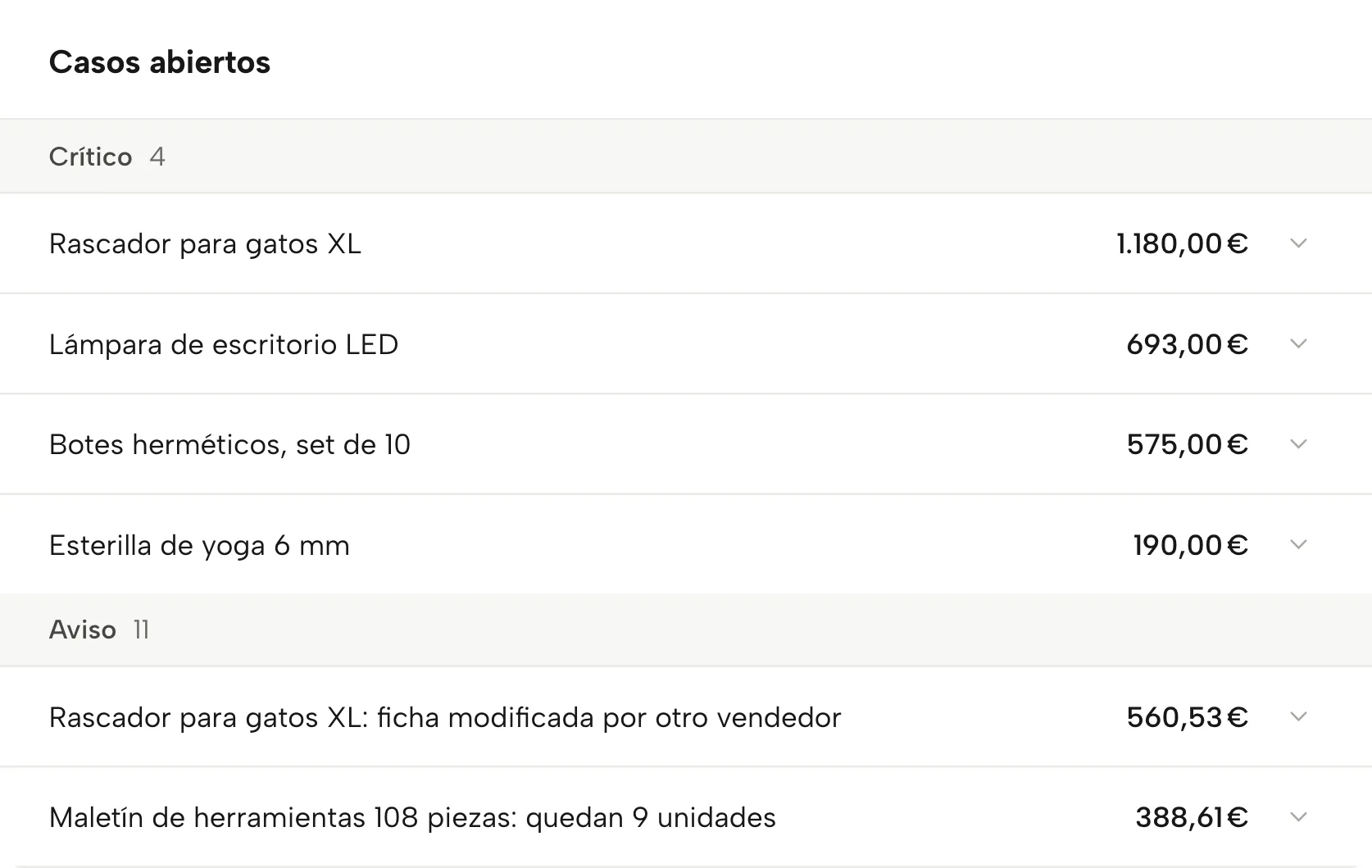 Alertas en Sellgrip, con datos de ejemplo