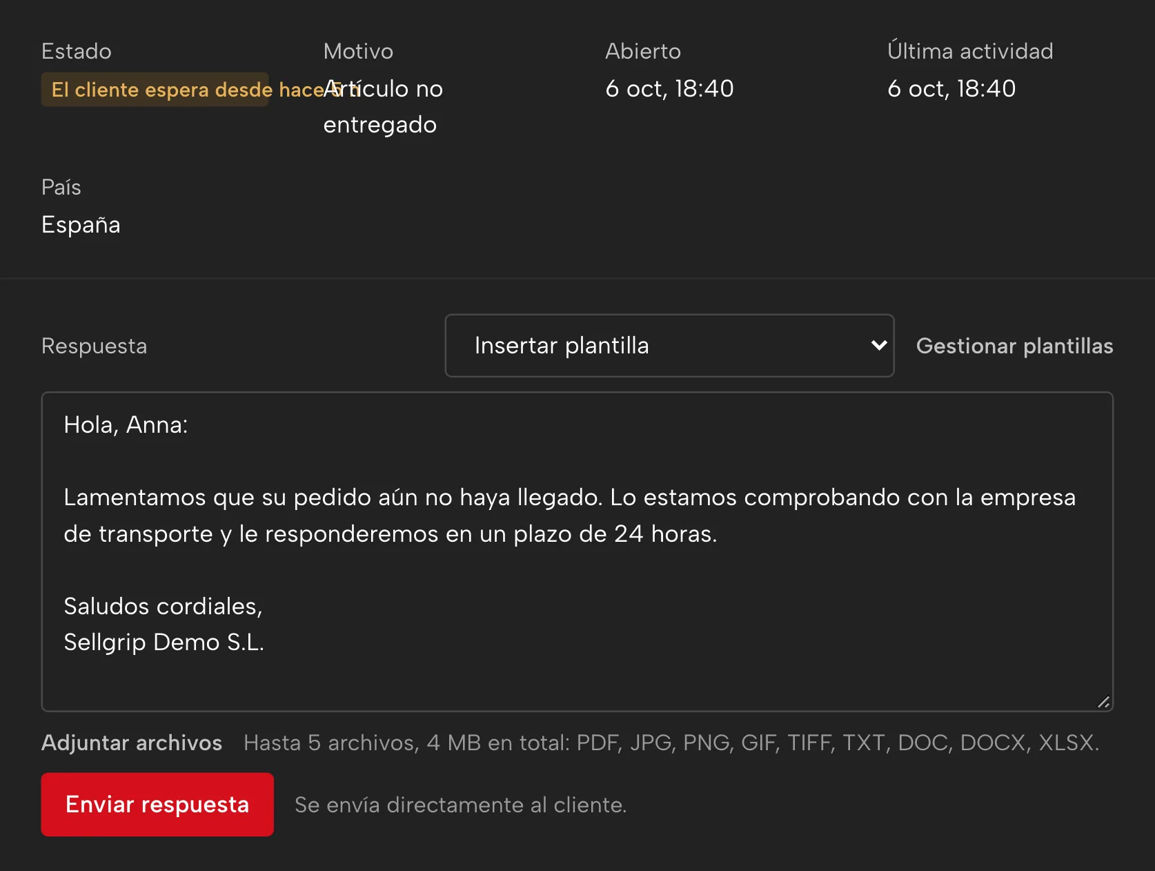 Tickets en Sellgrip, con datos de ejemplo
