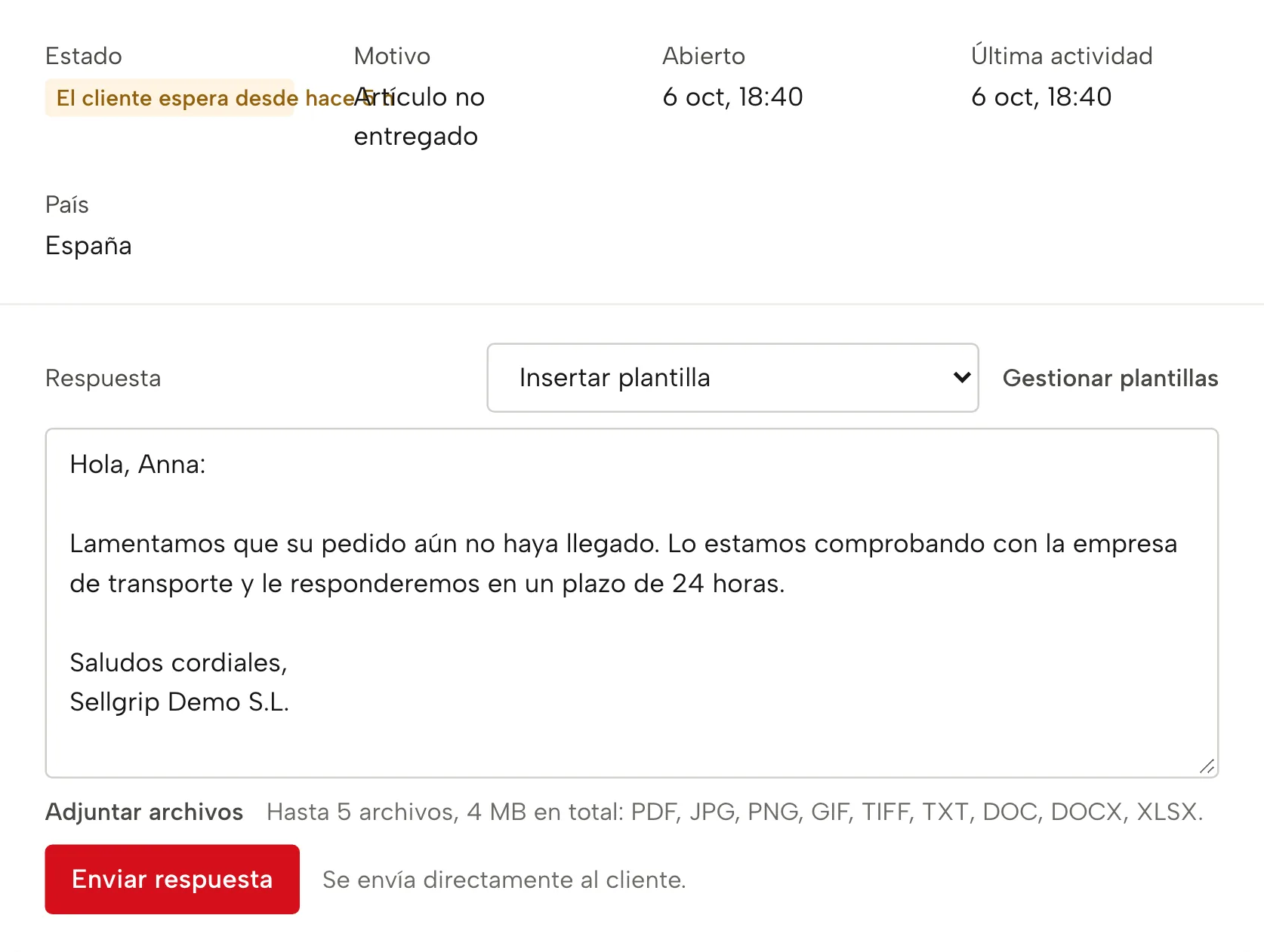 Tickets en Sellgrip, con datos de ejemplo