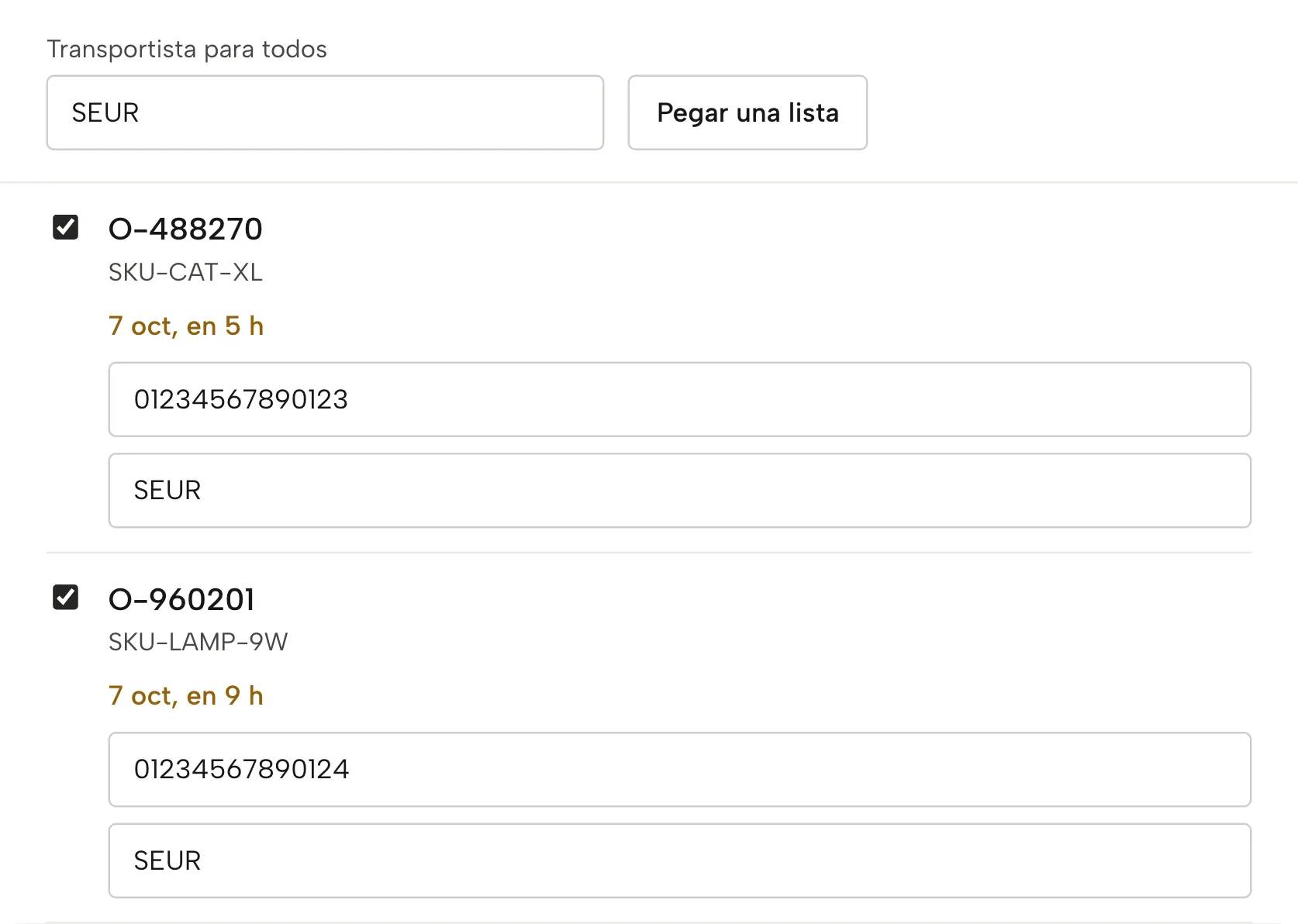 Notificar envío en Sellgrip, con datos de ejemplo