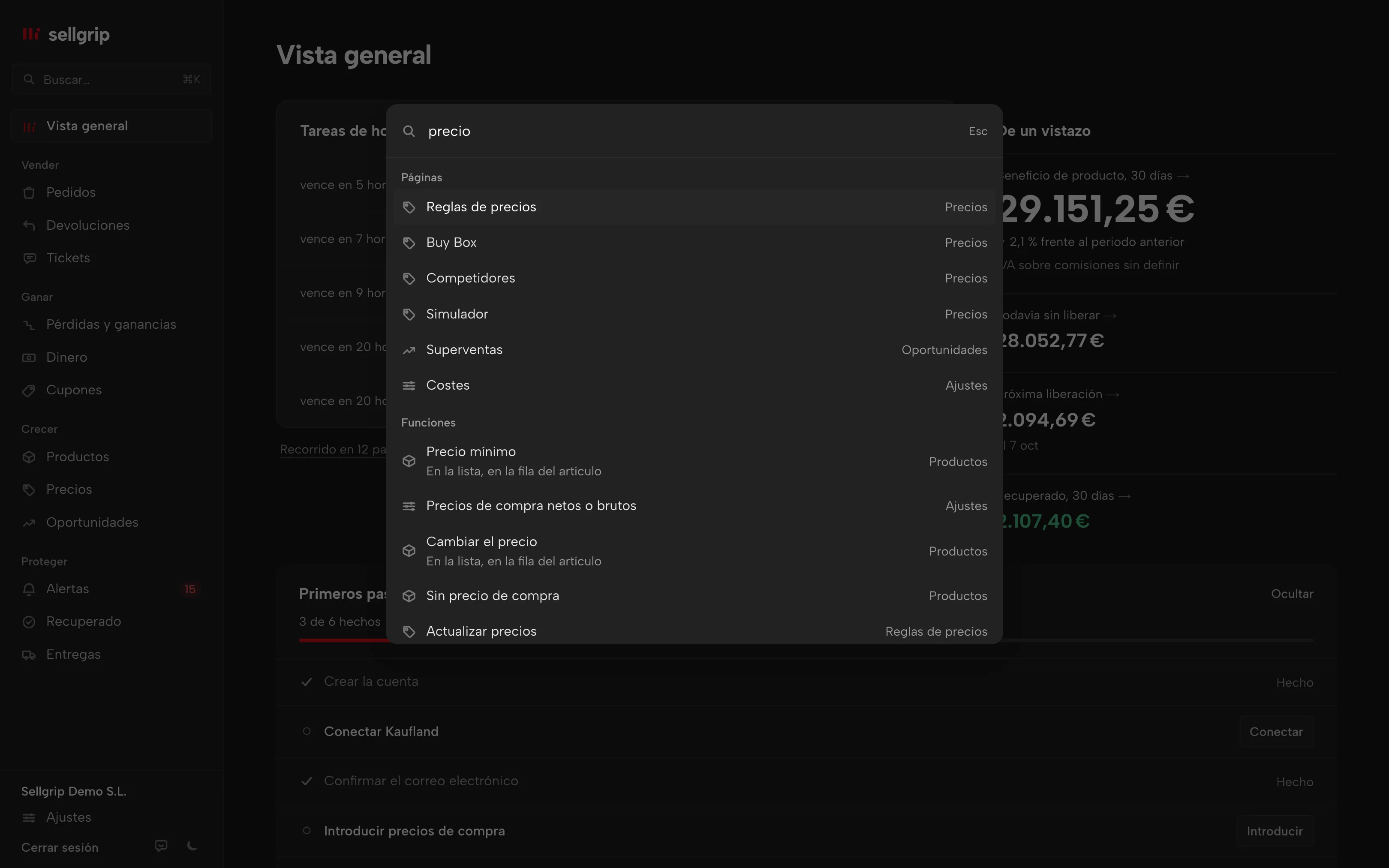Búsqueda en Sellgrip, abierta con ⌘K: las páginas y las funciones que contienen para la palabra «precio».